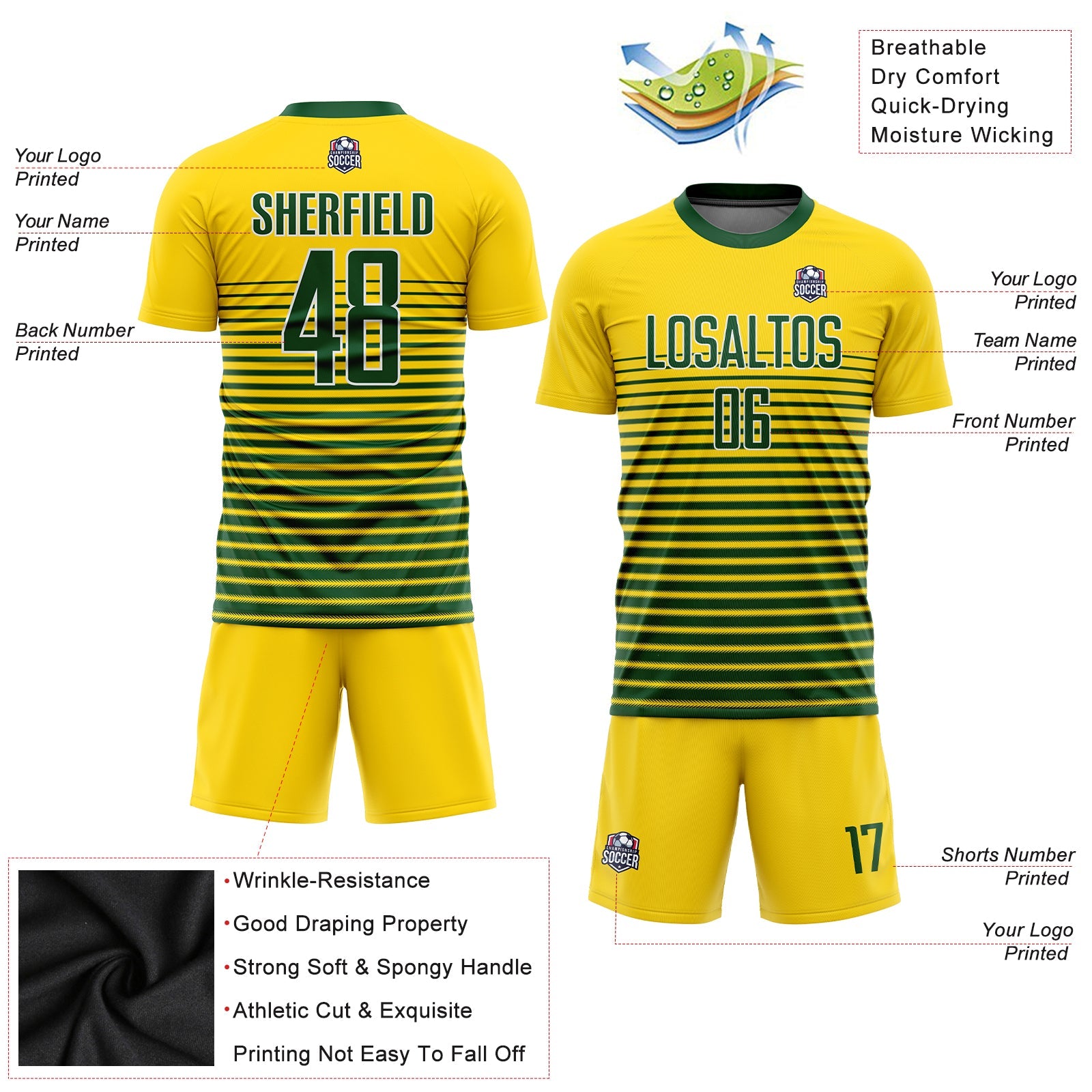 Custom Gold Green-White Sublimation Soccer Uniform Jersey view 3