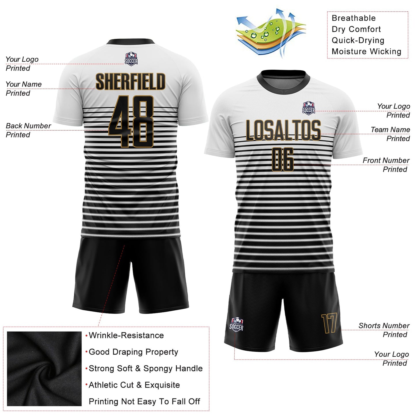 Custom White Black-Old Gold Sublimation Soccer Uniform Jersey view 5