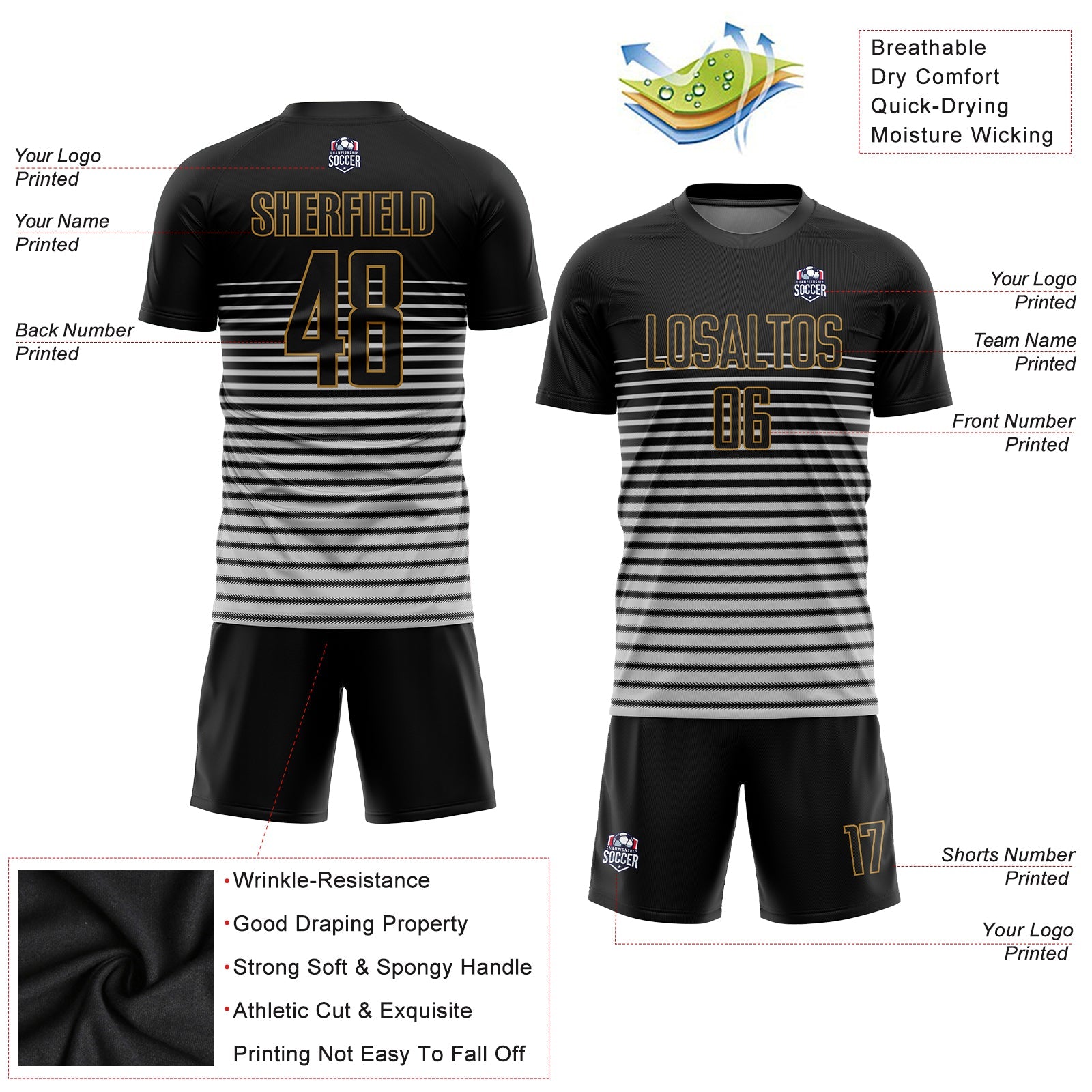 Custom Black Black-Old Gold Sublimation Soccer Uniform Jersey view 5