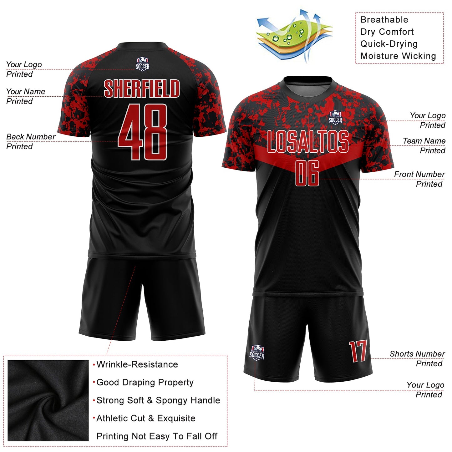 Custom Black Red-White Sublimation Soccer Uniform Jersey view 3