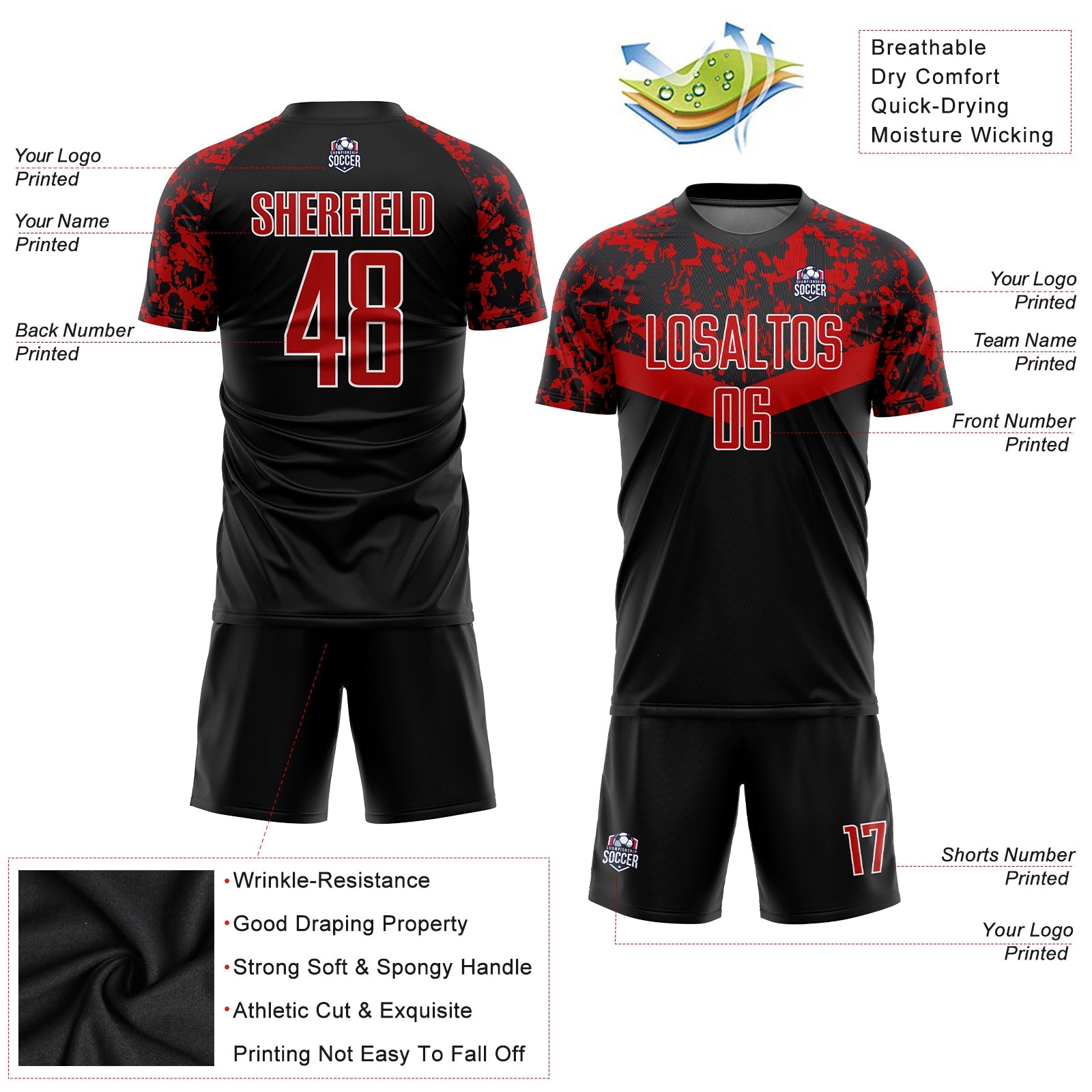 Custom Black Red-White Sublimation Soccer Uniform Jersey view 3