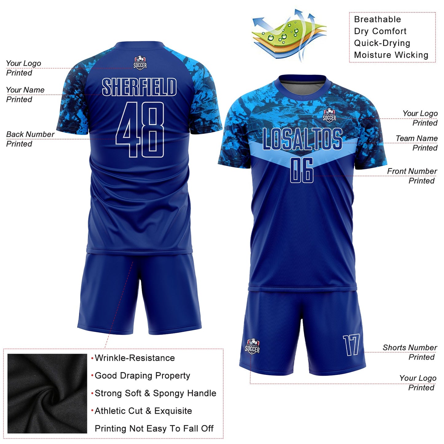 Custom Royal Royal-Light Blue Sublimation Soccer Uniform Jersey view 3