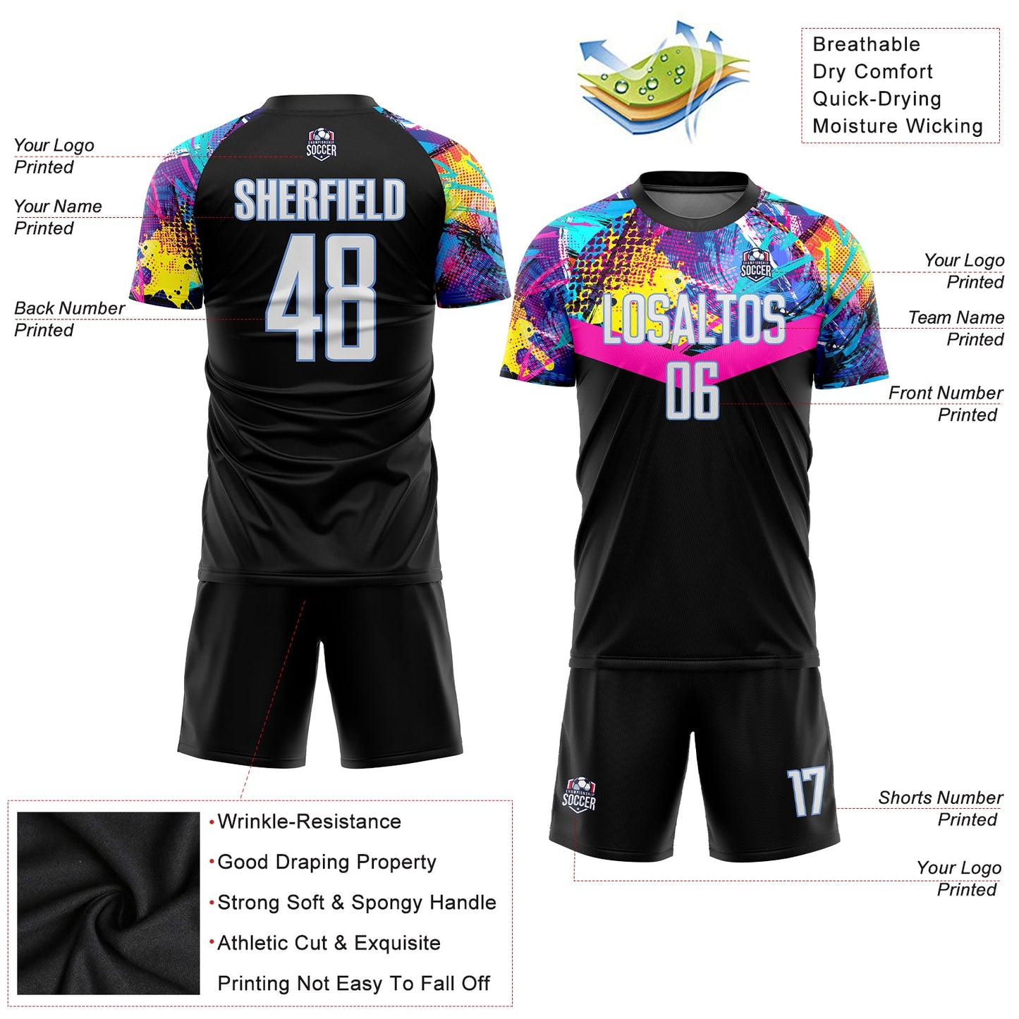 Custom Black White-Light Blue Sublimation Soccer Uniform Jersey view 5