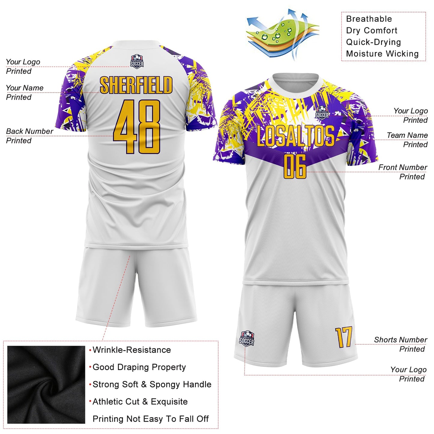 Custom White Gold-Purple Sublimation Soccer Uniform Jersey view 5
