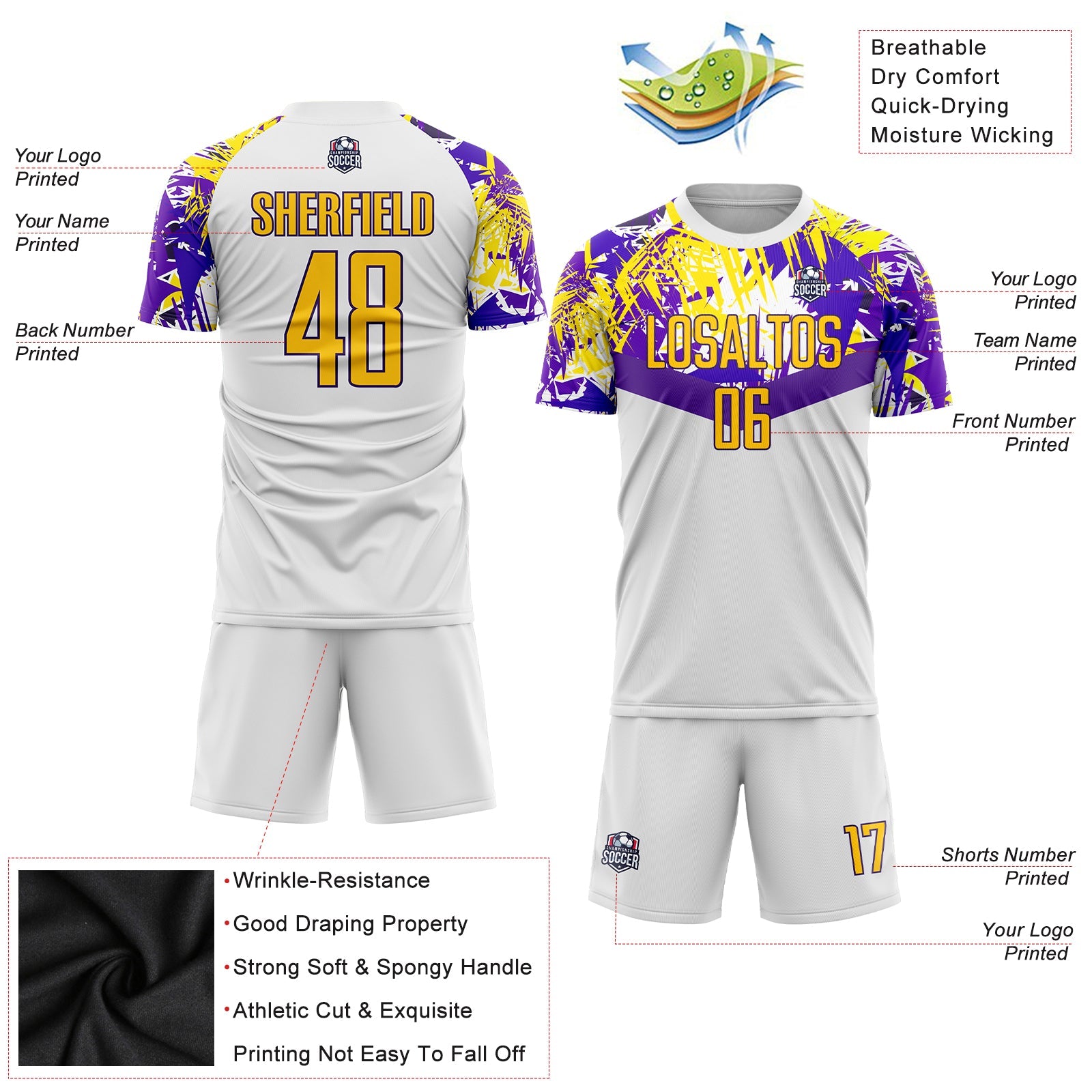 Custom White Gold-Purple Sublimation Soccer Uniform Jersey view 5