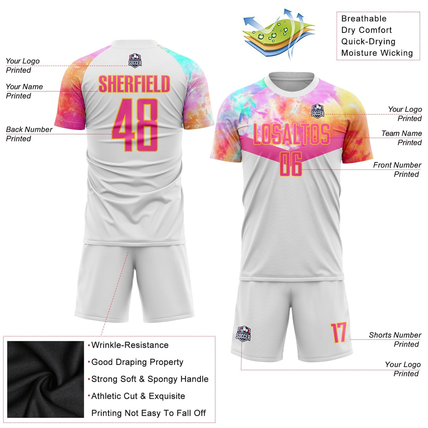 Custom White Pink-Gold Sublimation Soccer Uniform Jersey view 3