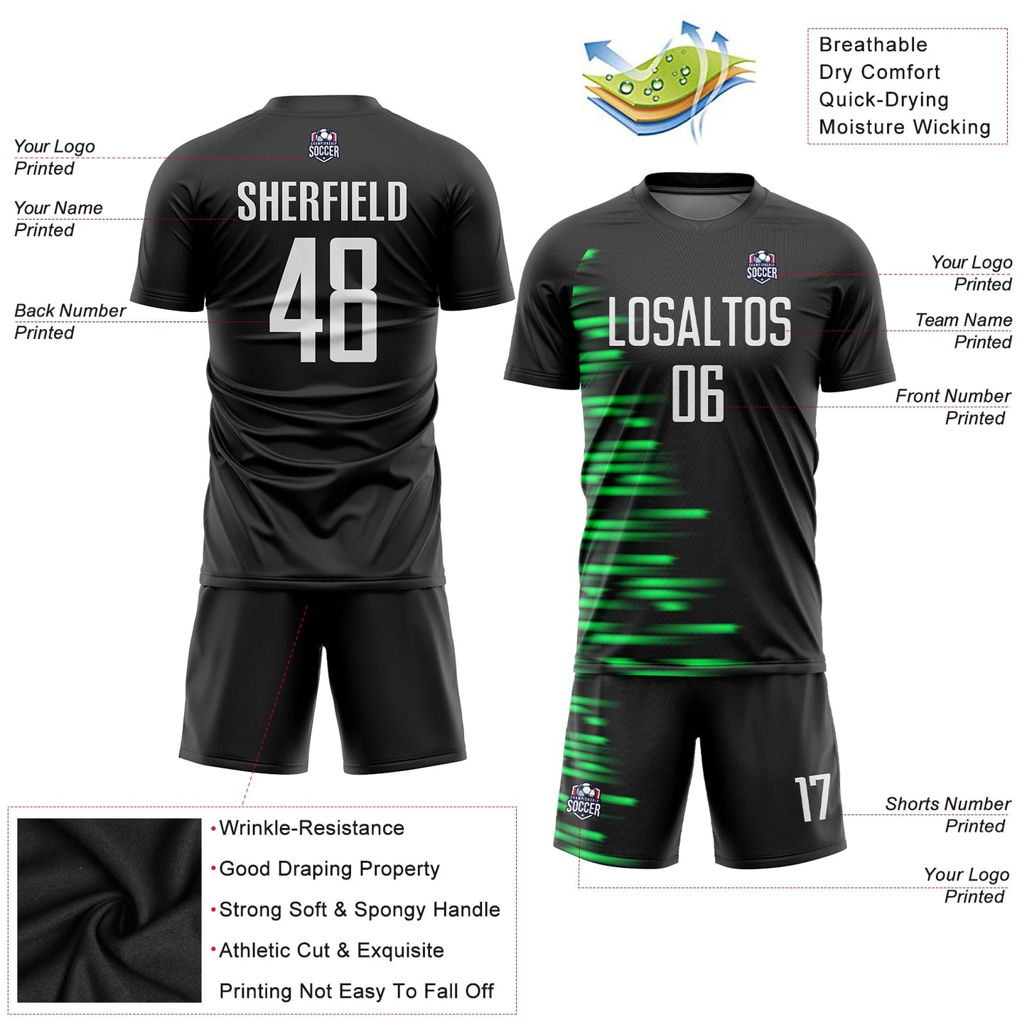 Custom Black White-Kelly Green Sublimation Soccer Uniform Jersey view 3