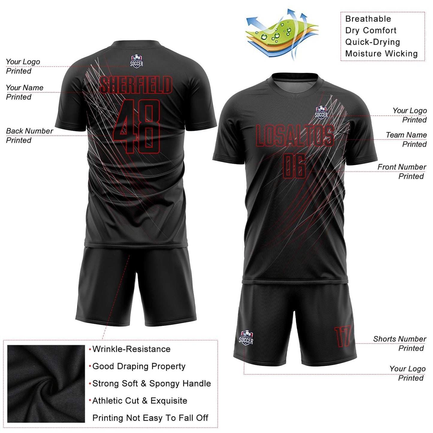 Custom Black Black-Red Sublimation Soccer Uniform Jersey view 6