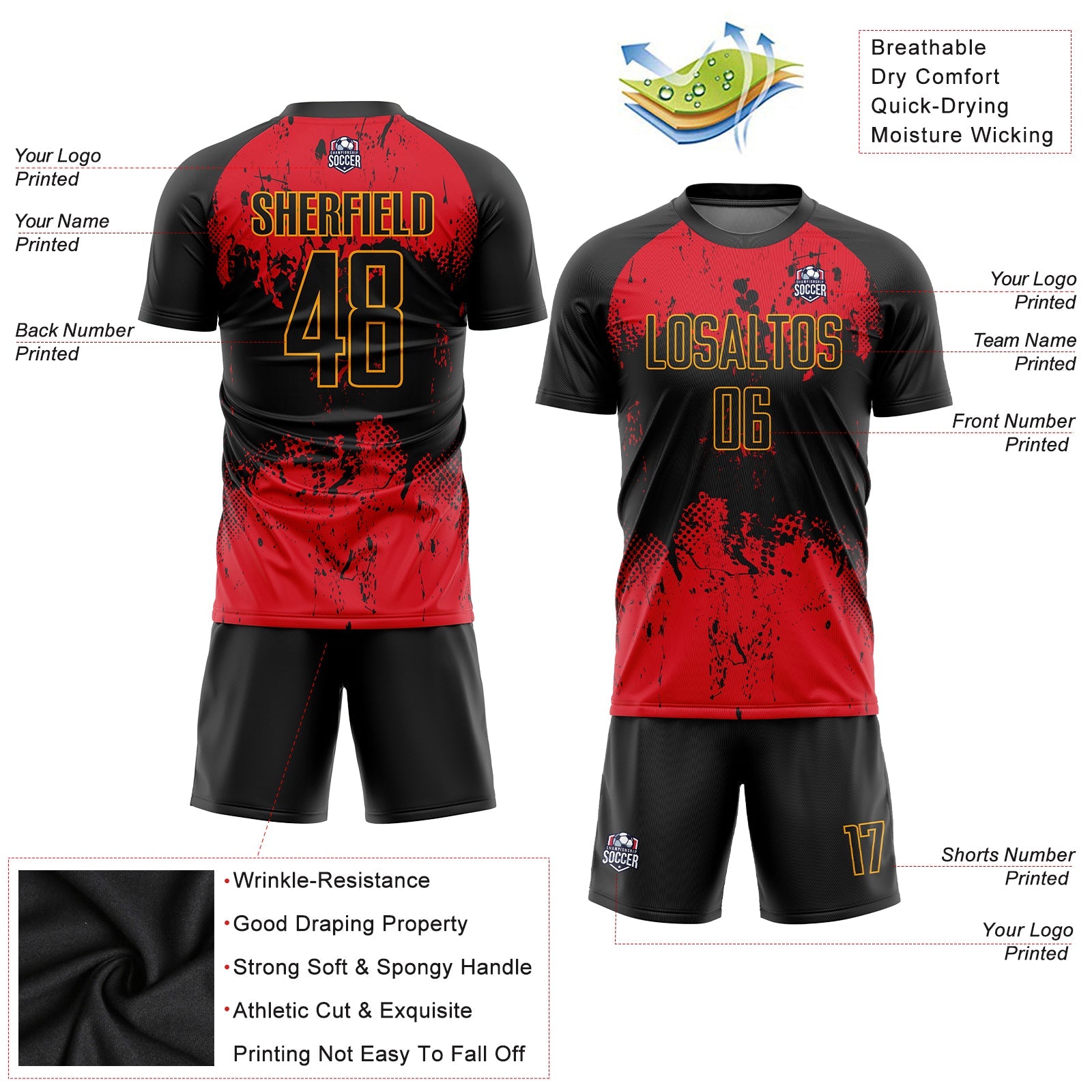 Custom Black Red-Gold Sublimation Soccer Uniform Jersey view 5