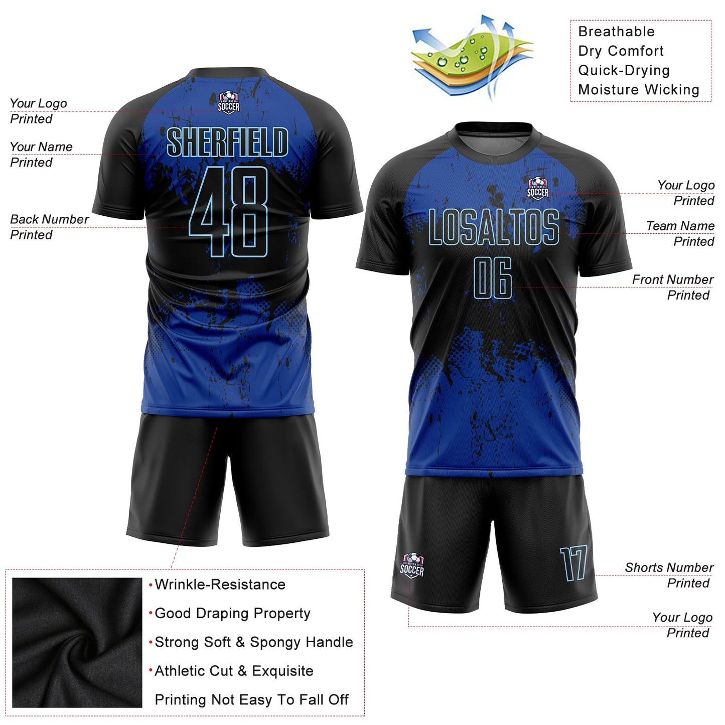 Custom Black Black-Royal Sublimation Soccer Uniform Jersey view 5