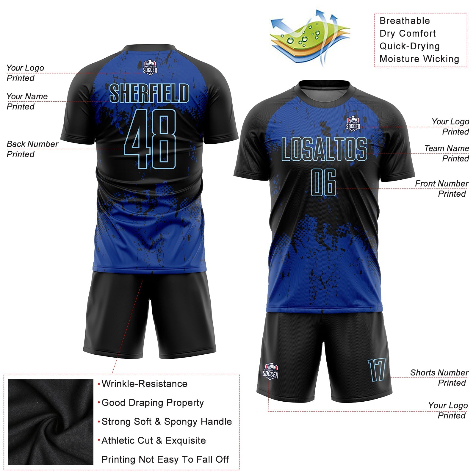 Custom Black Black-Royal Sublimation Soccer Uniform Jersey view 5