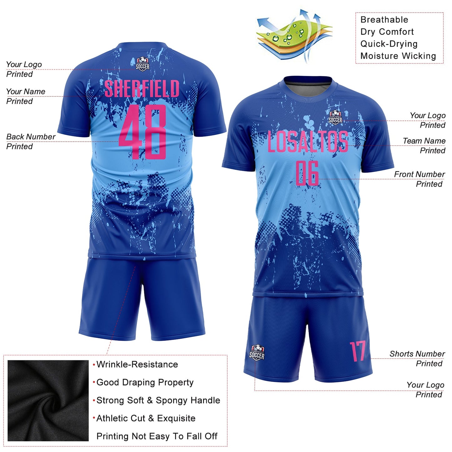 Custom Royal Pink-Light Blue Sublimation Soccer Uniform Jersey view 3