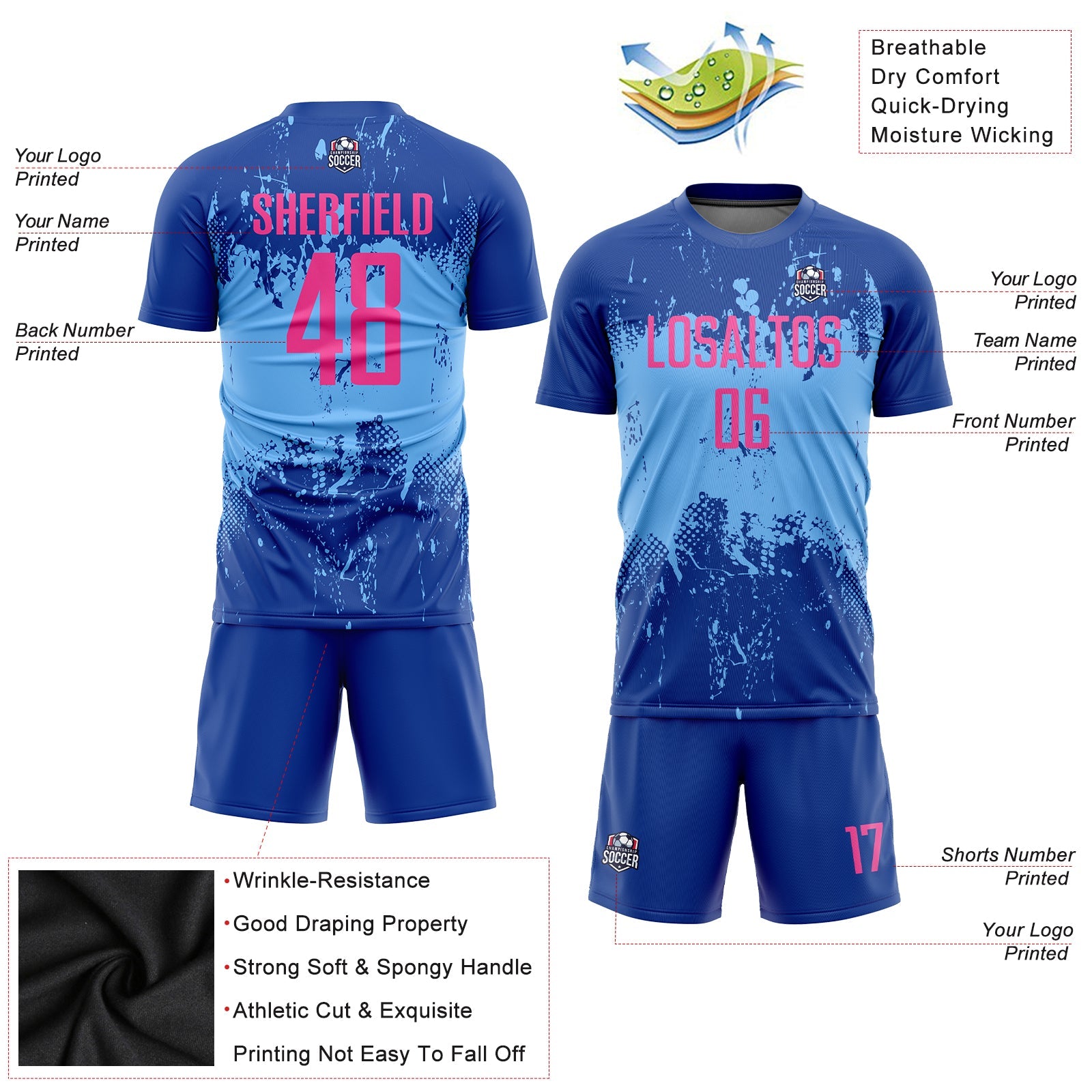 Custom Royal Pink-Light Blue Sublimation Soccer Uniform Jersey view 3