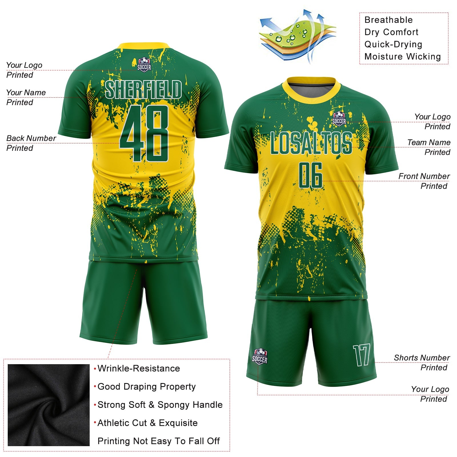 Custom Green Green-Gold Sublimation Soccer Uniform Jersey view 6