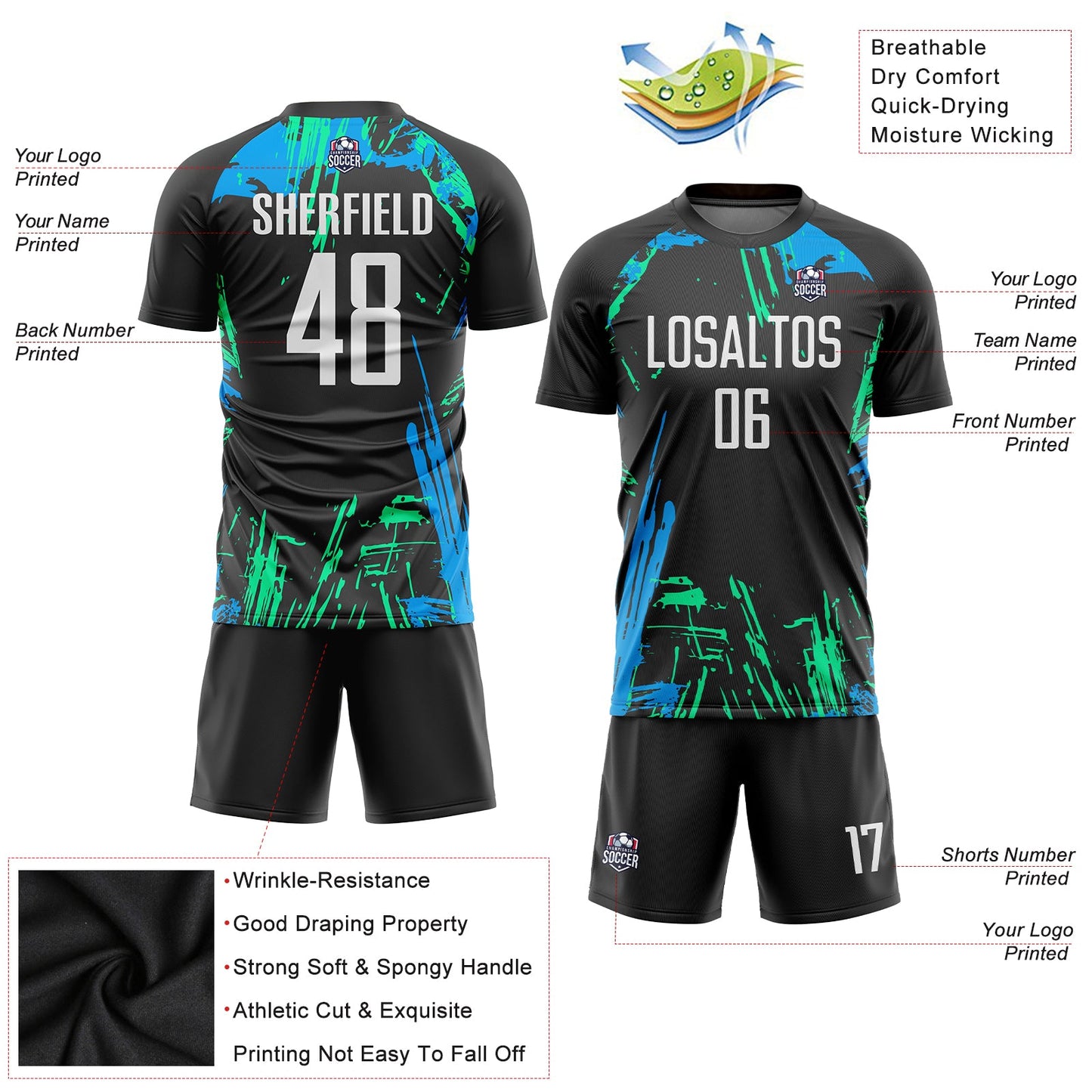 Custom Black White-Light Blue Sublimation Soccer Uniform Jersey view 3
