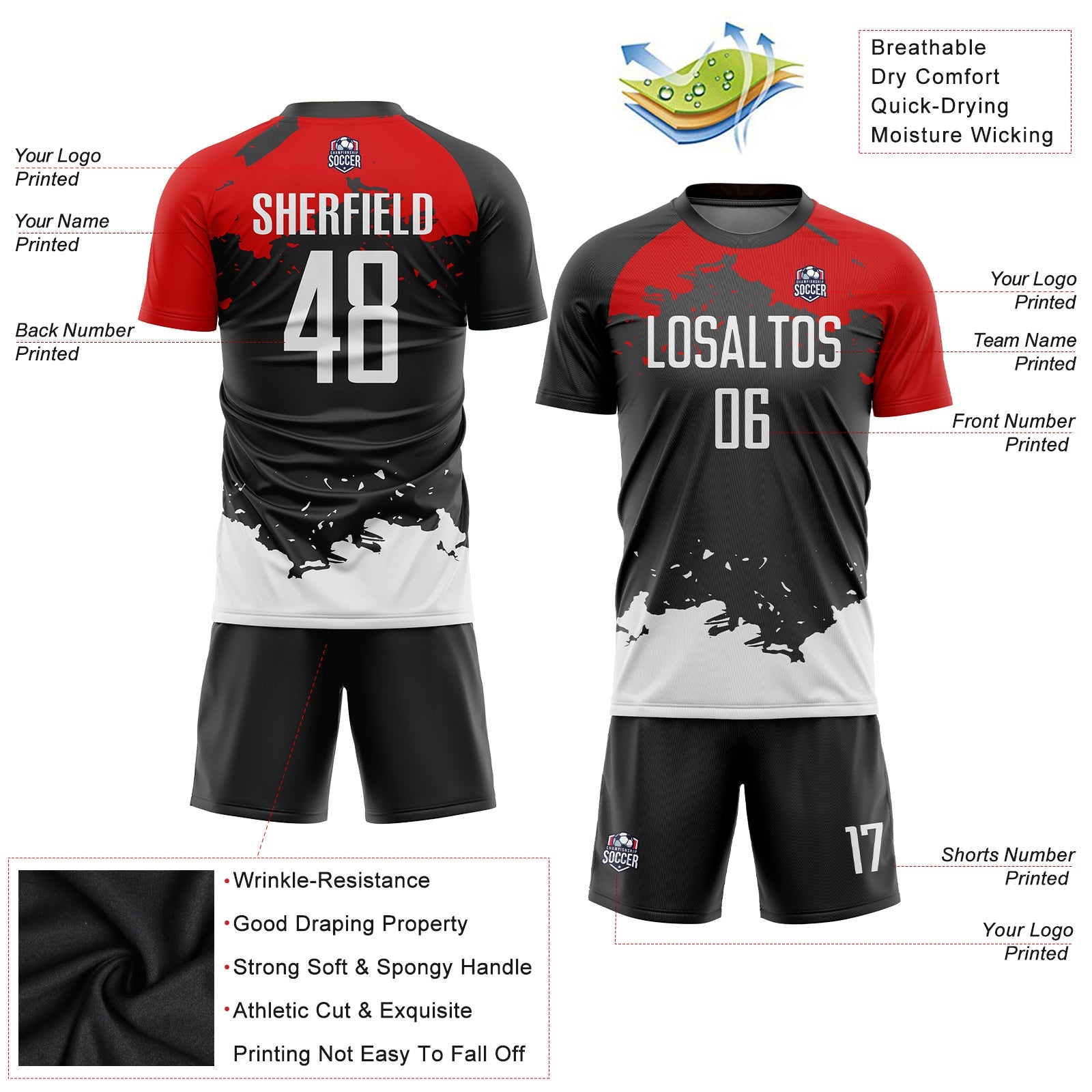 Custom Black White-Red Sublimation Soccer Uniform Jersey view 5