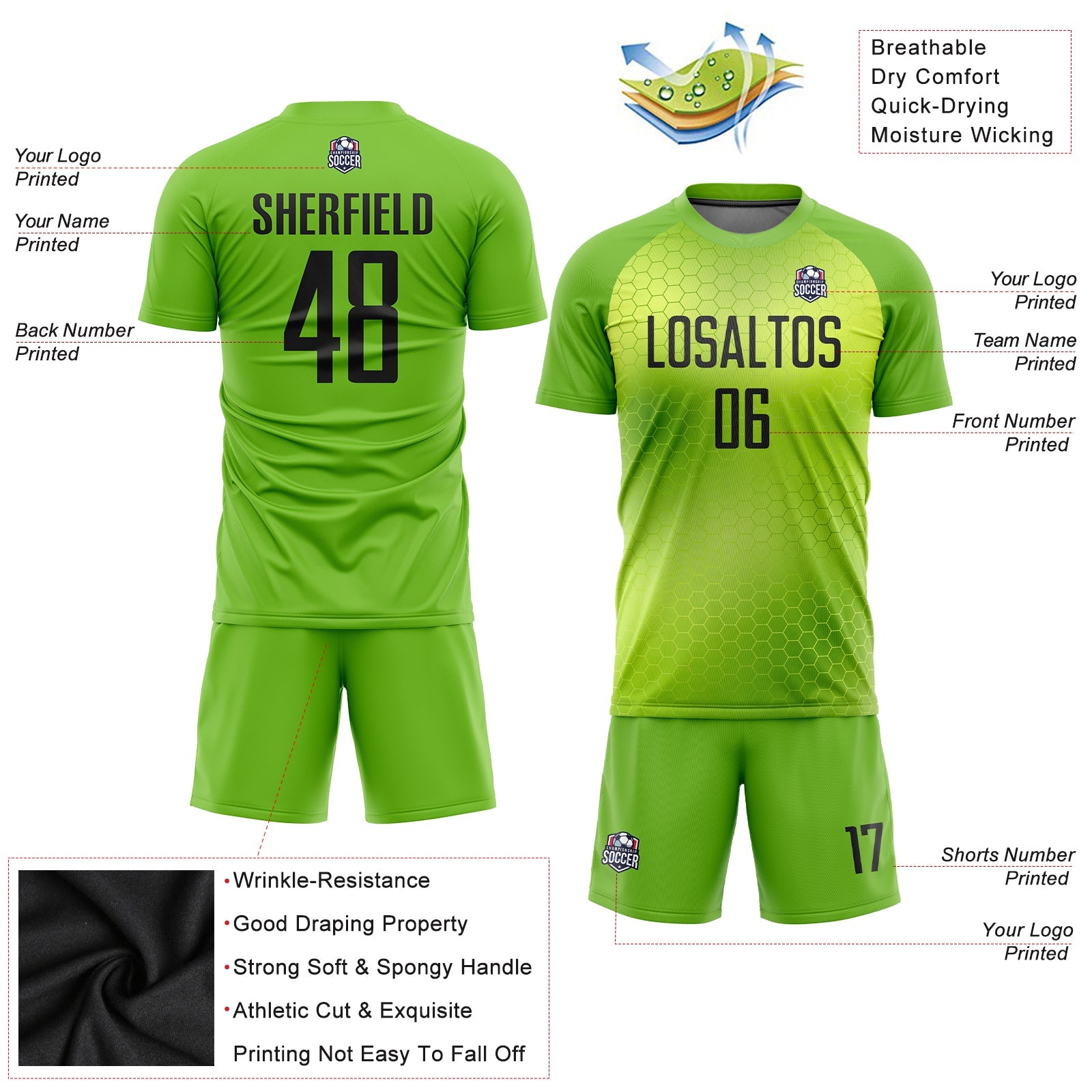 Custom Neon Green Black Sublimation Soccer Uniform Jersey view 3