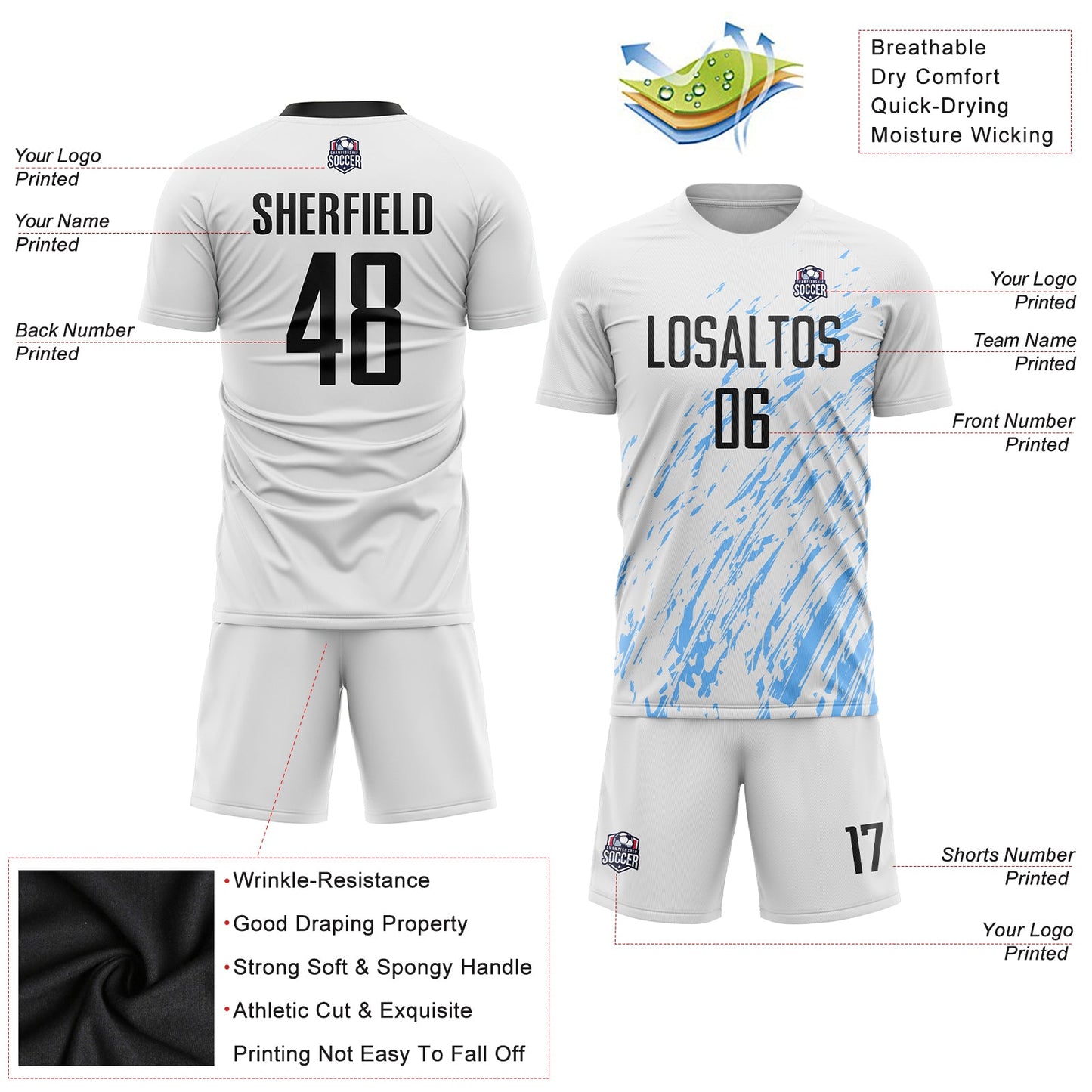 Custom White Black-Light Blue Sublimation Soccer Uniform Jersey view 5
