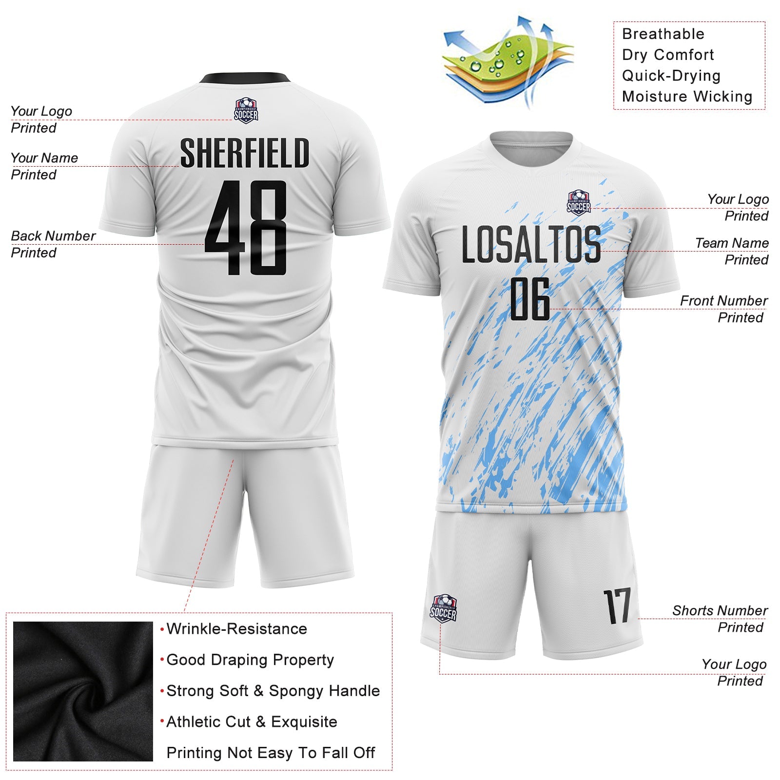 Custom White Black-Light Blue Sublimation Soccer Uniform Jersey view 5