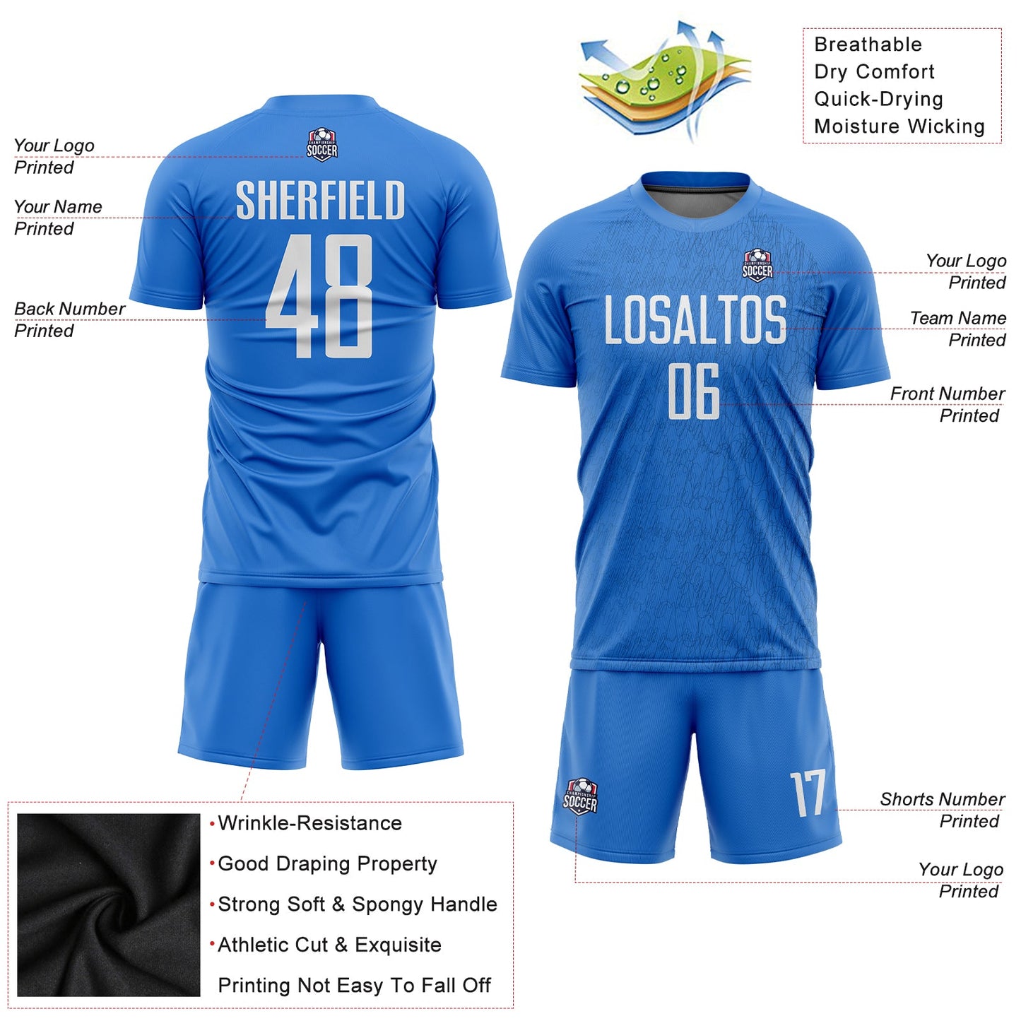 Custom Light Blue White Sublimation Soccer Uniform Jersey view 3