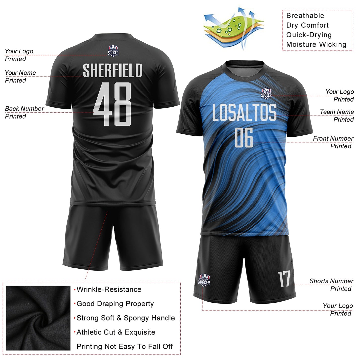 Custom Light Blue White-Black Sublimation Soccer Uniform Jersey view 3