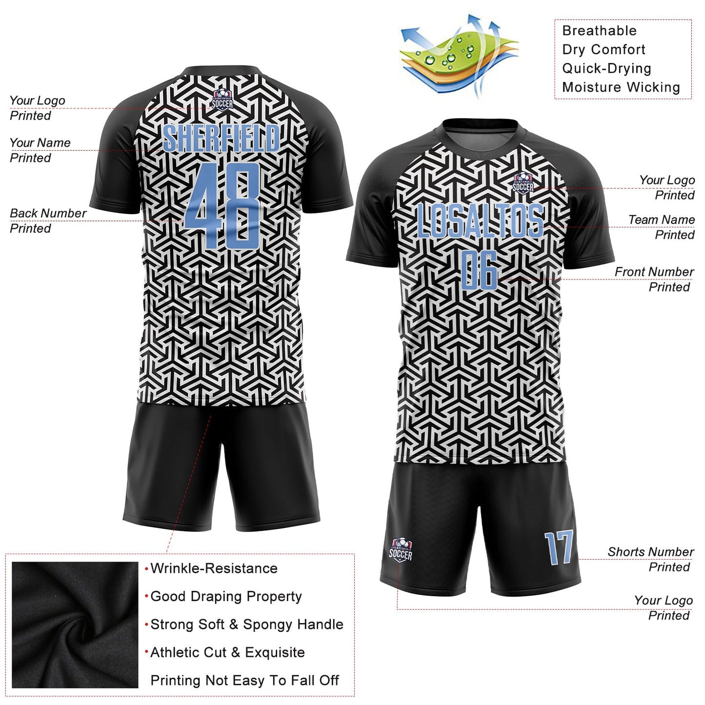 Custom Black Light Blue-White Sublimation Soccer Uniform Jersey view 3