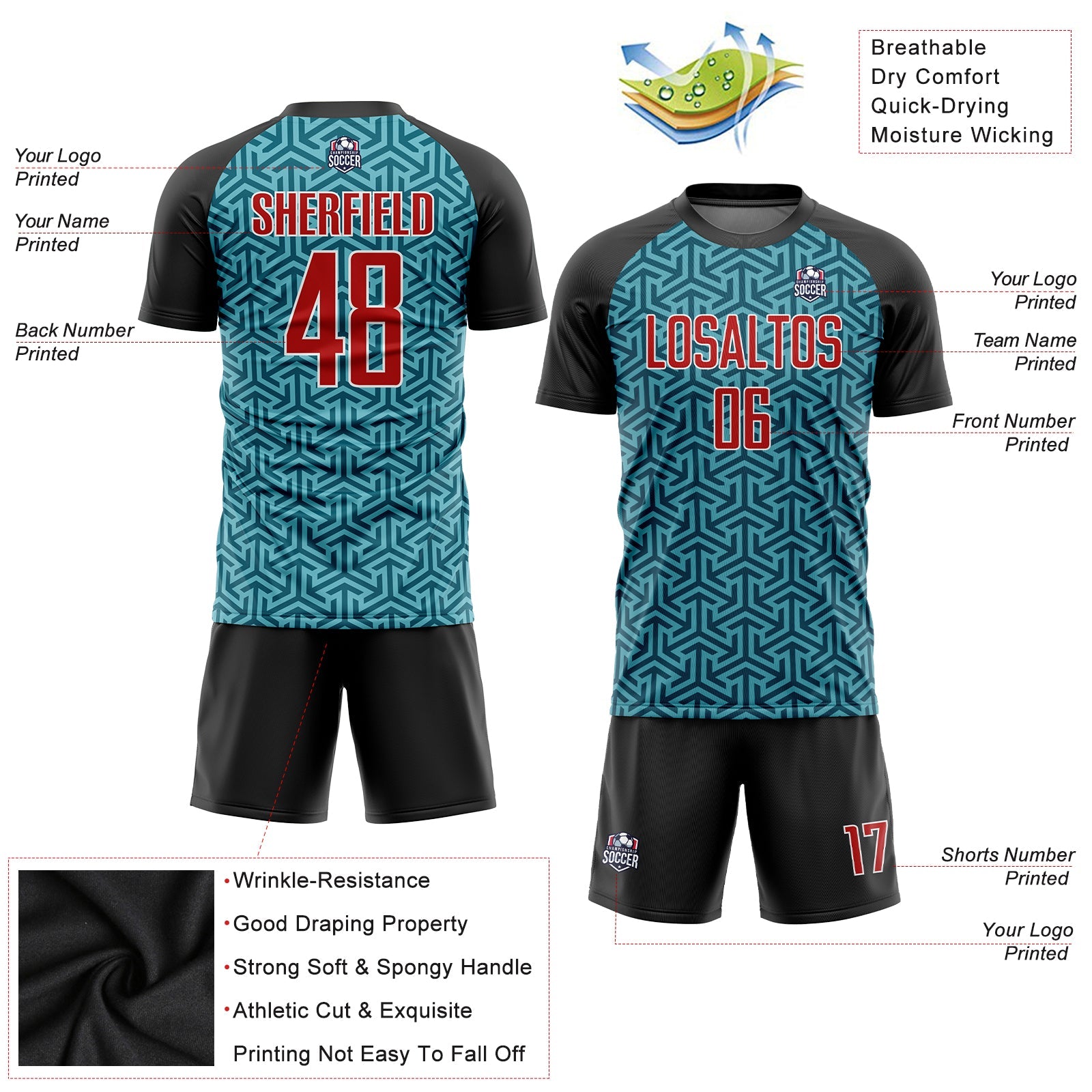 Custom Teal Red-Black Sublimation Soccer Uniform Jersey view 3