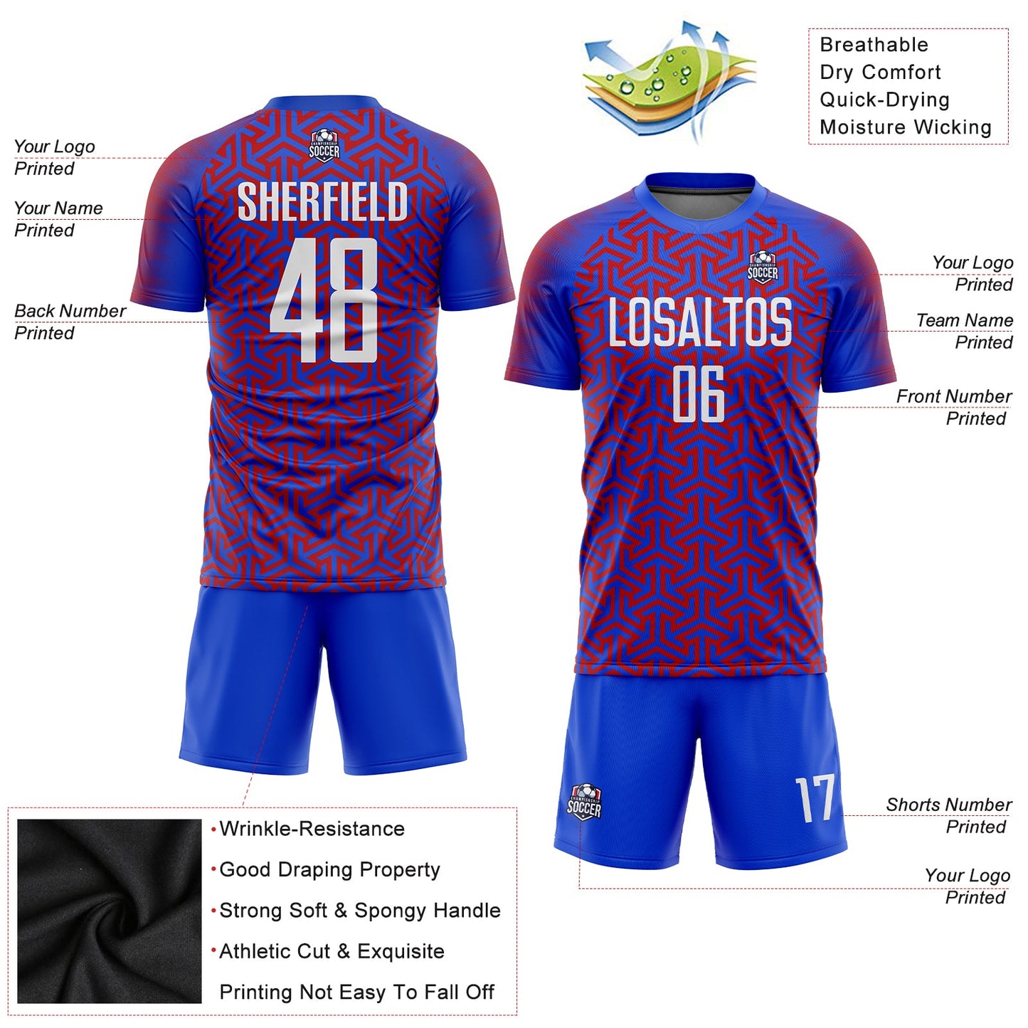 Custom Royal White-Red Sublimation Soccer Uniform Jersey view 3