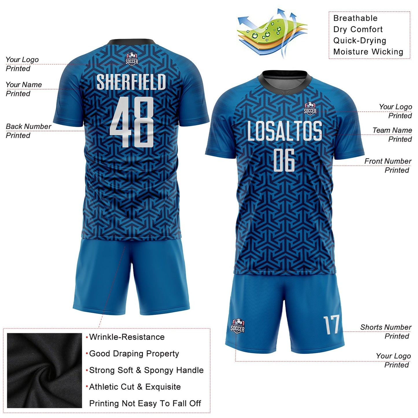 Custom Blue White-Black Sublimation Soccer Uniform Jersey view 5