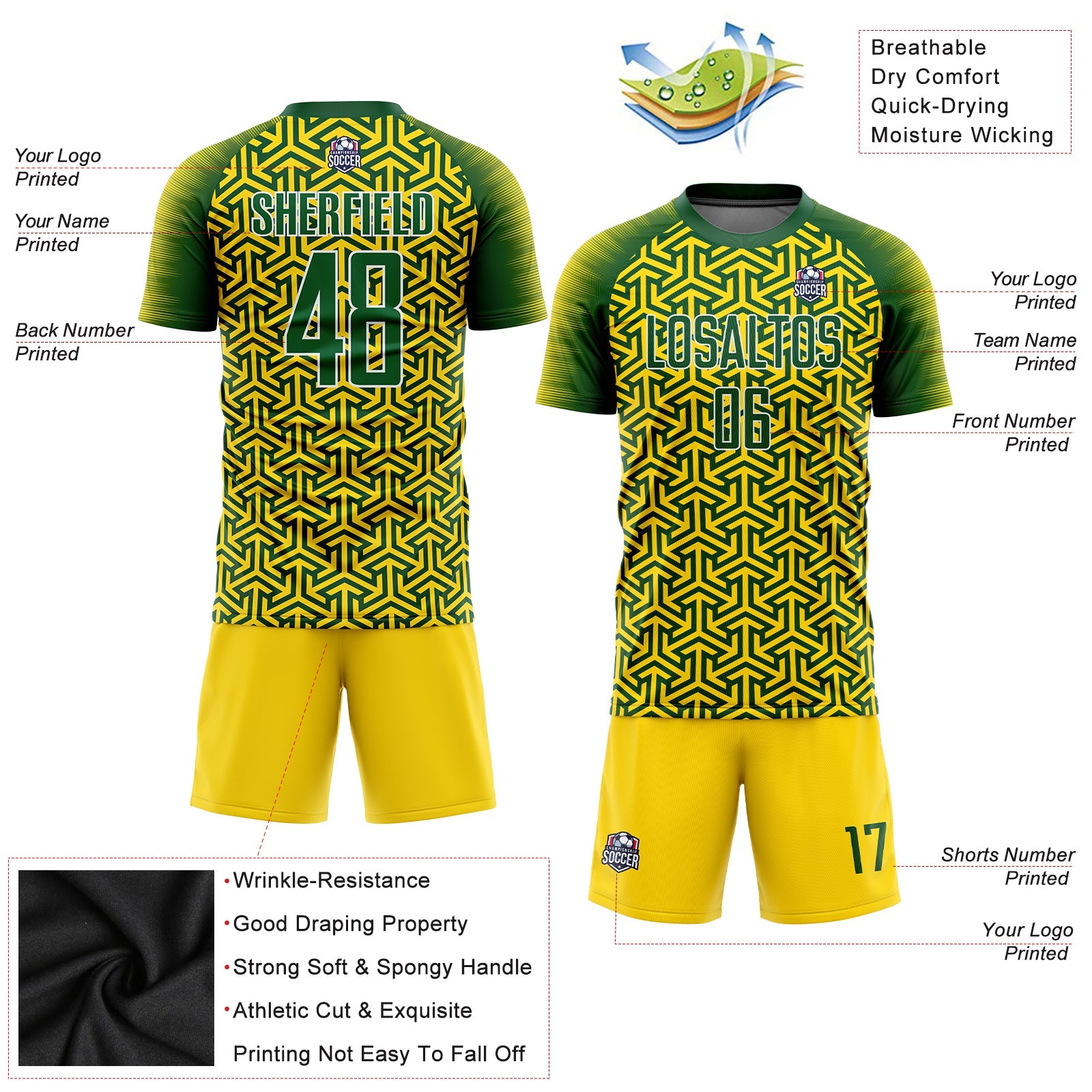 Custom Gold Green-White Sublimation Soccer Uniform Jersey view 3