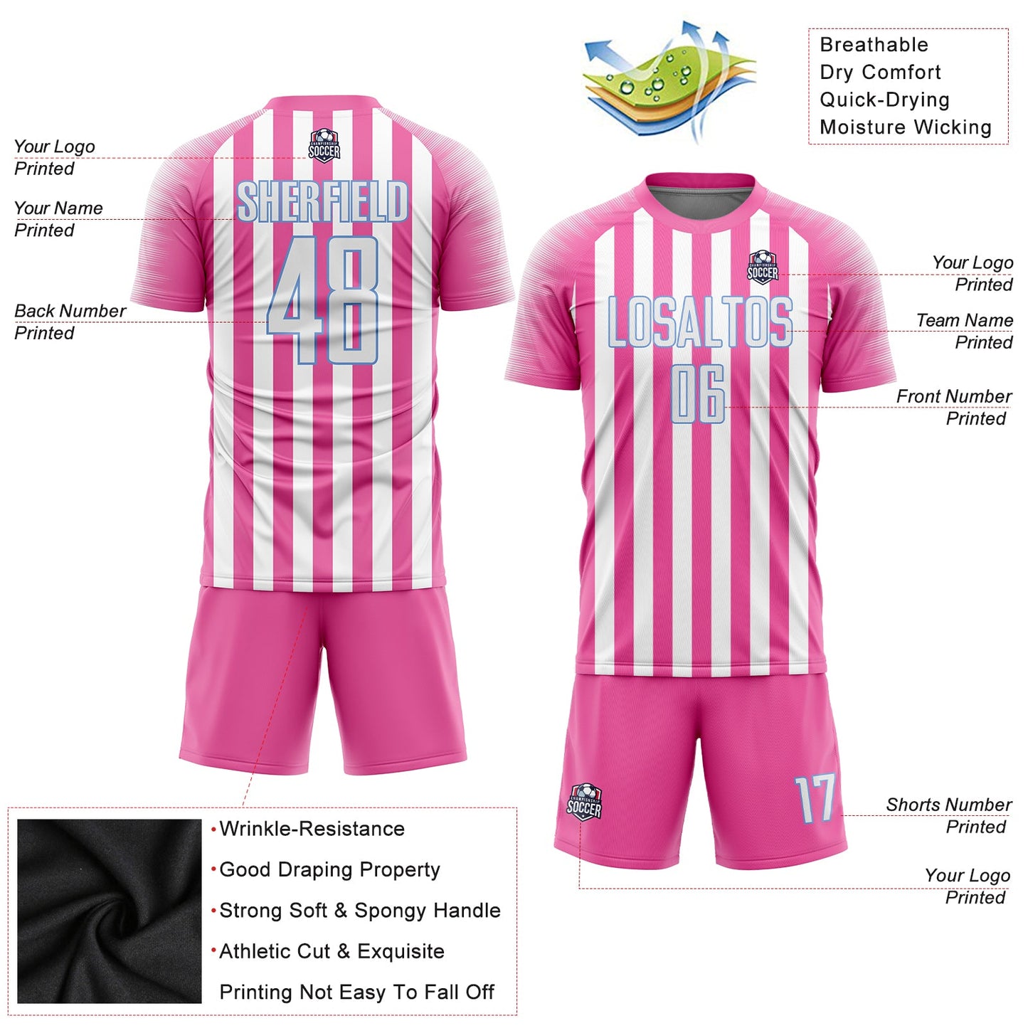 Custom Pink White-Light Blue Sublimation Soccer Uniform Jersey view 3