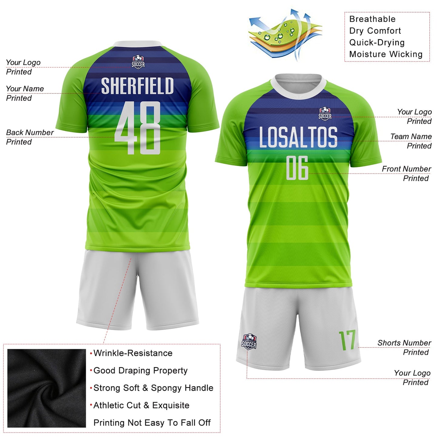 Custom Neon Green White-Royal Sublimation Soccer Uniform Jersey view 5
