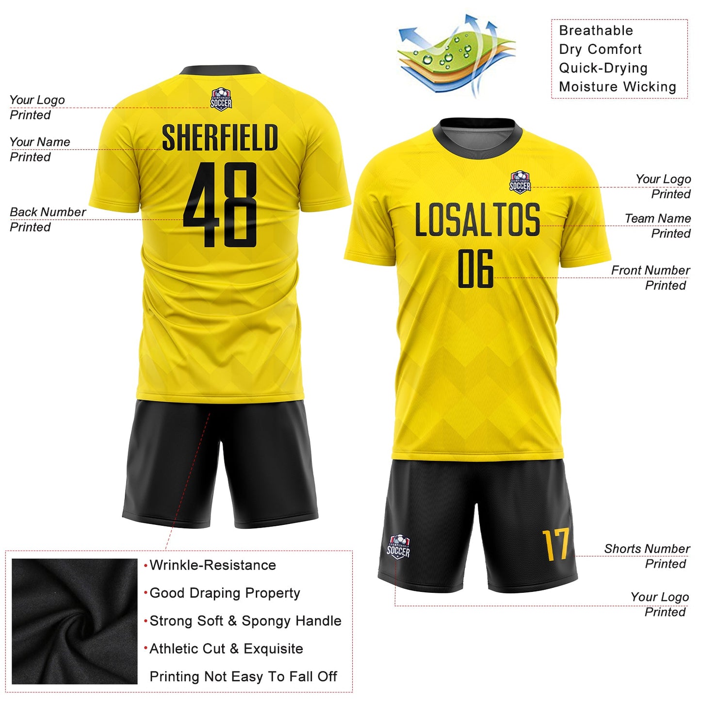 Custom Gold Black Sublimation Soccer Uniform Jersey view 5
