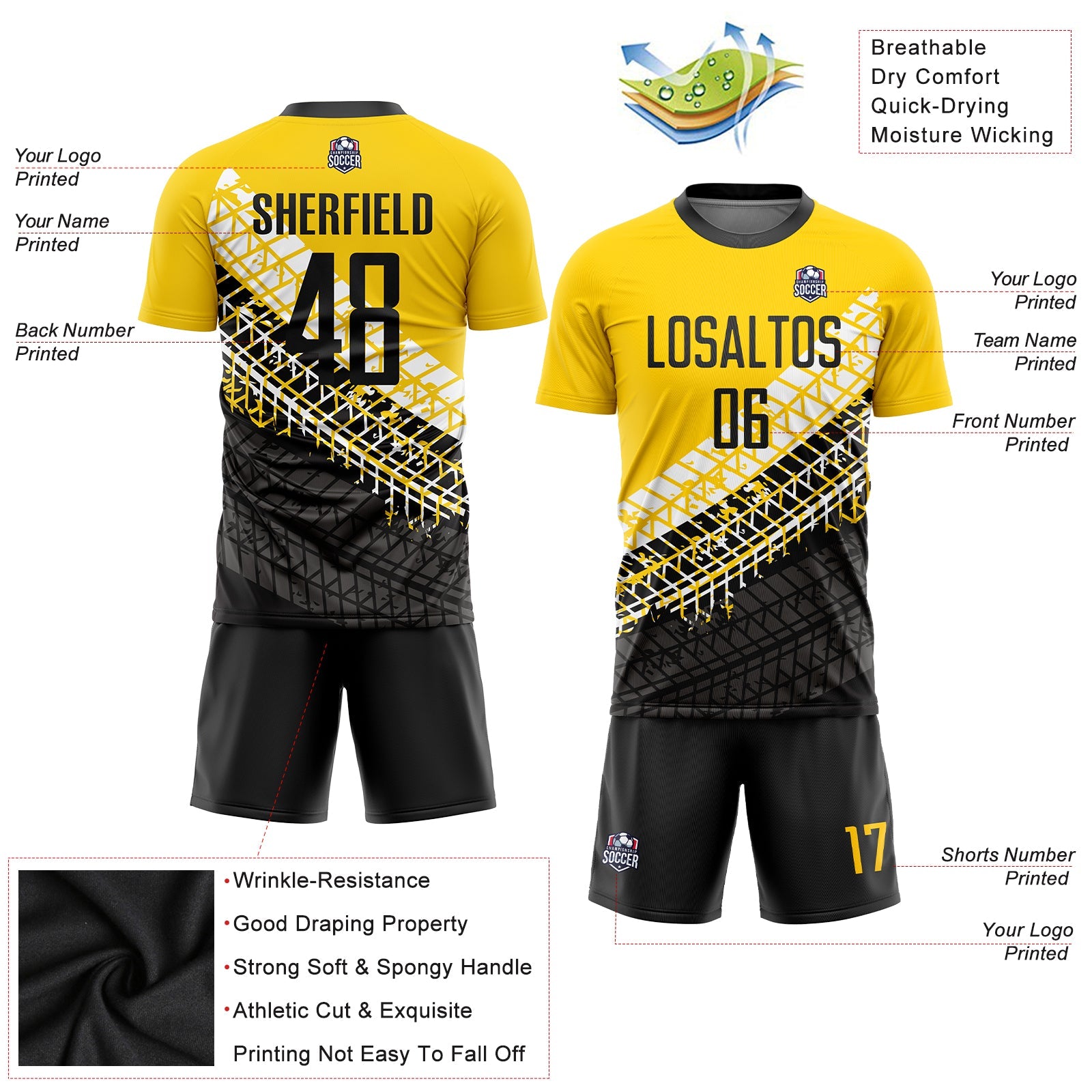 Custom Gold Black-White Sublimation Soccer Uniform Jersey view 3