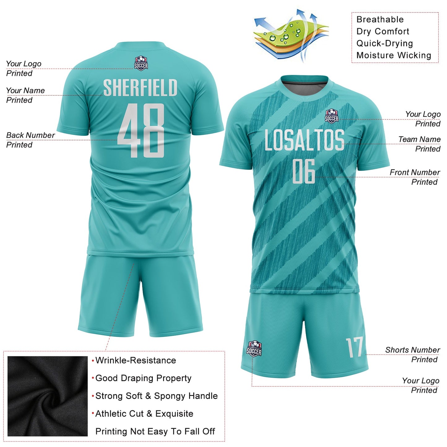 Custom Aqua White Sublimation Soccer Uniform Jersey view 3