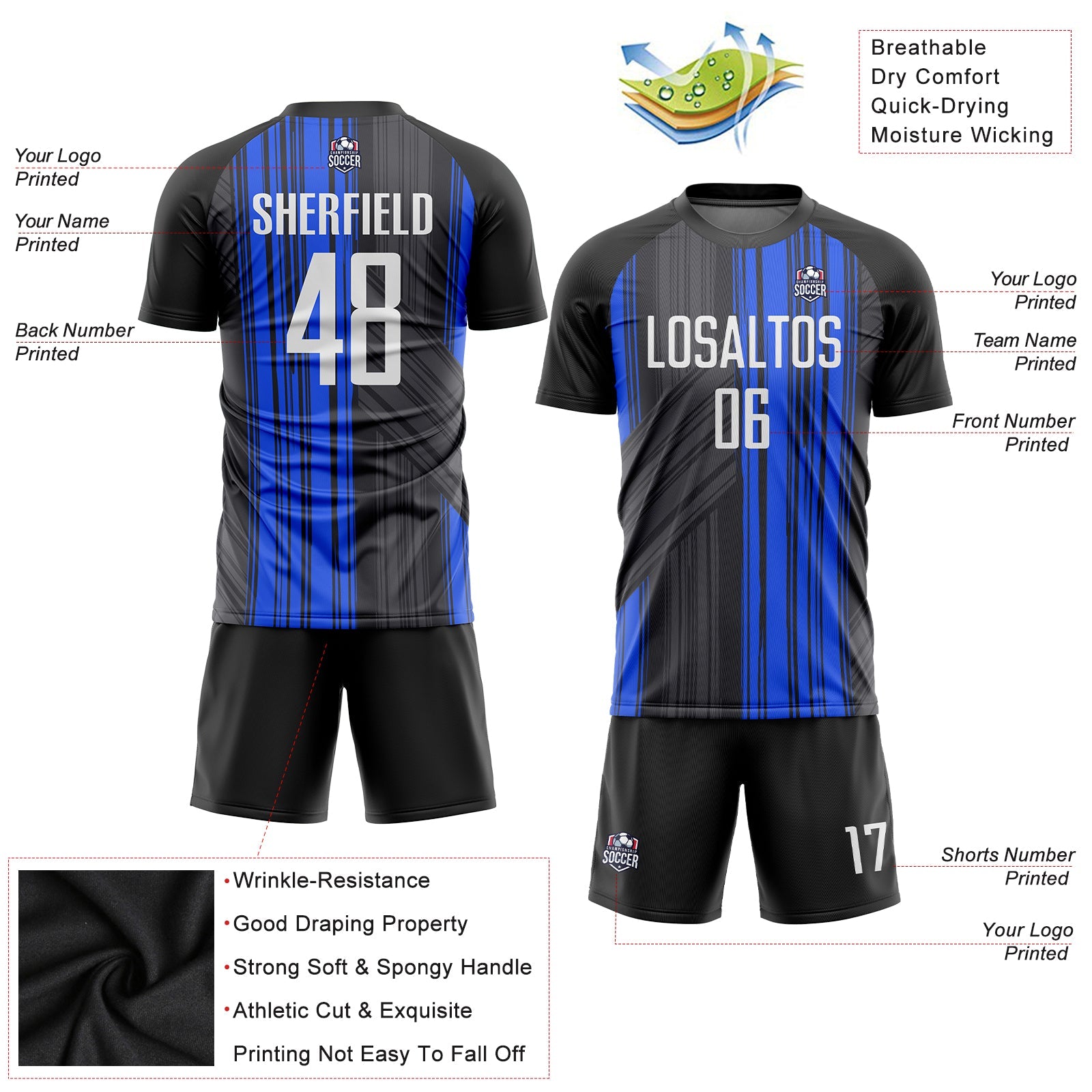 Custom Black White-Royal Sublimation Soccer Uniform Jersey view 5