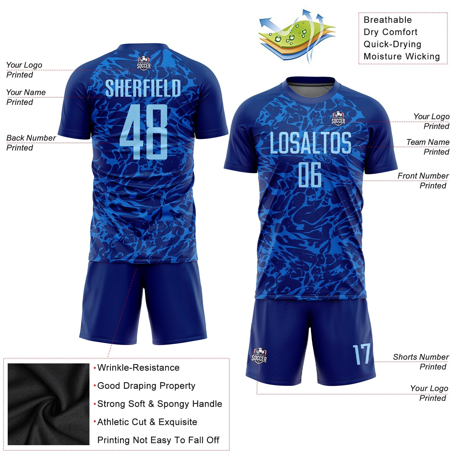 Custom Royal Light Blue Sublimation Soccer Uniform Jersey view 3