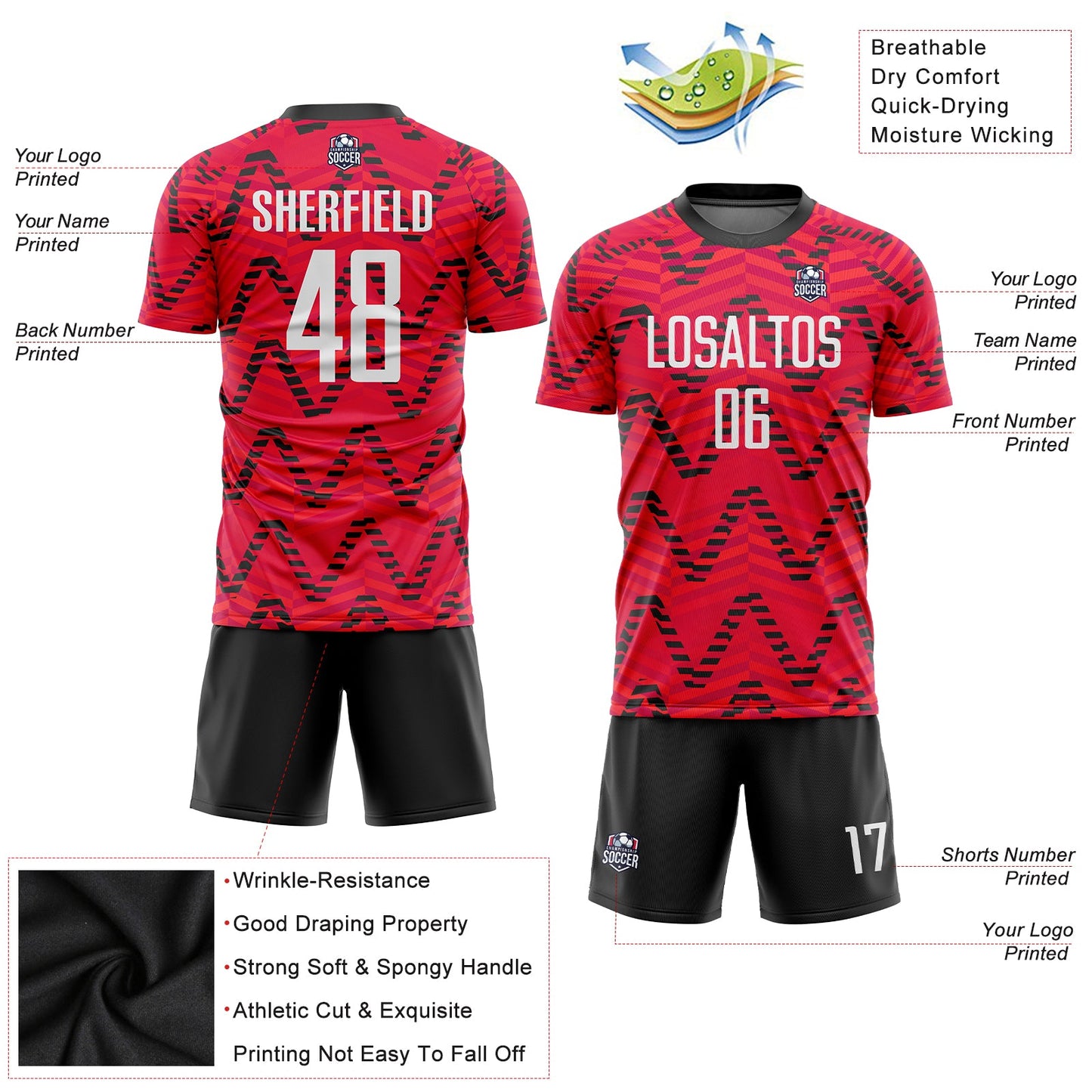 Custom Red White-Black Sublimation Soccer Uniform Jersey view 5