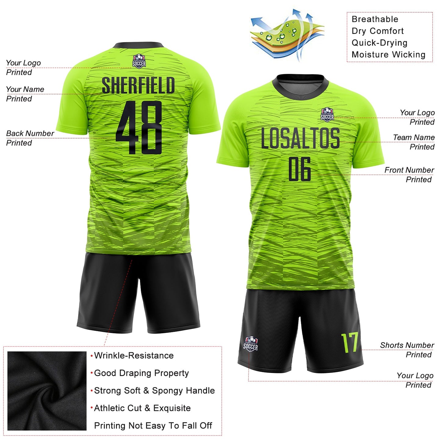 Custom Neon Green Black Sublimation Soccer Uniform Jersey view 5