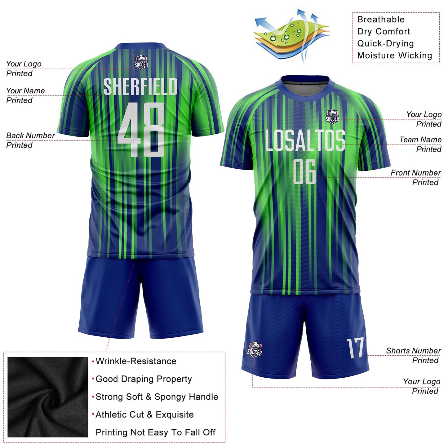 Custom Neon Green White-Royal Sublimation Soccer Uniform Jersey view 3