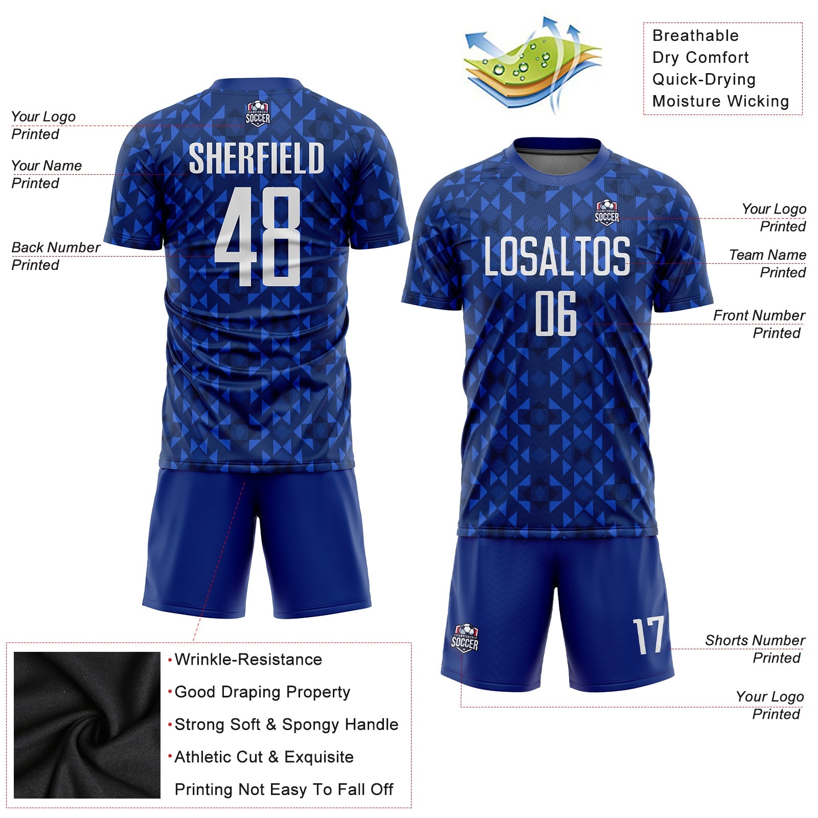 Custom Royal White Sublimation Soccer Uniform Jersey view 3