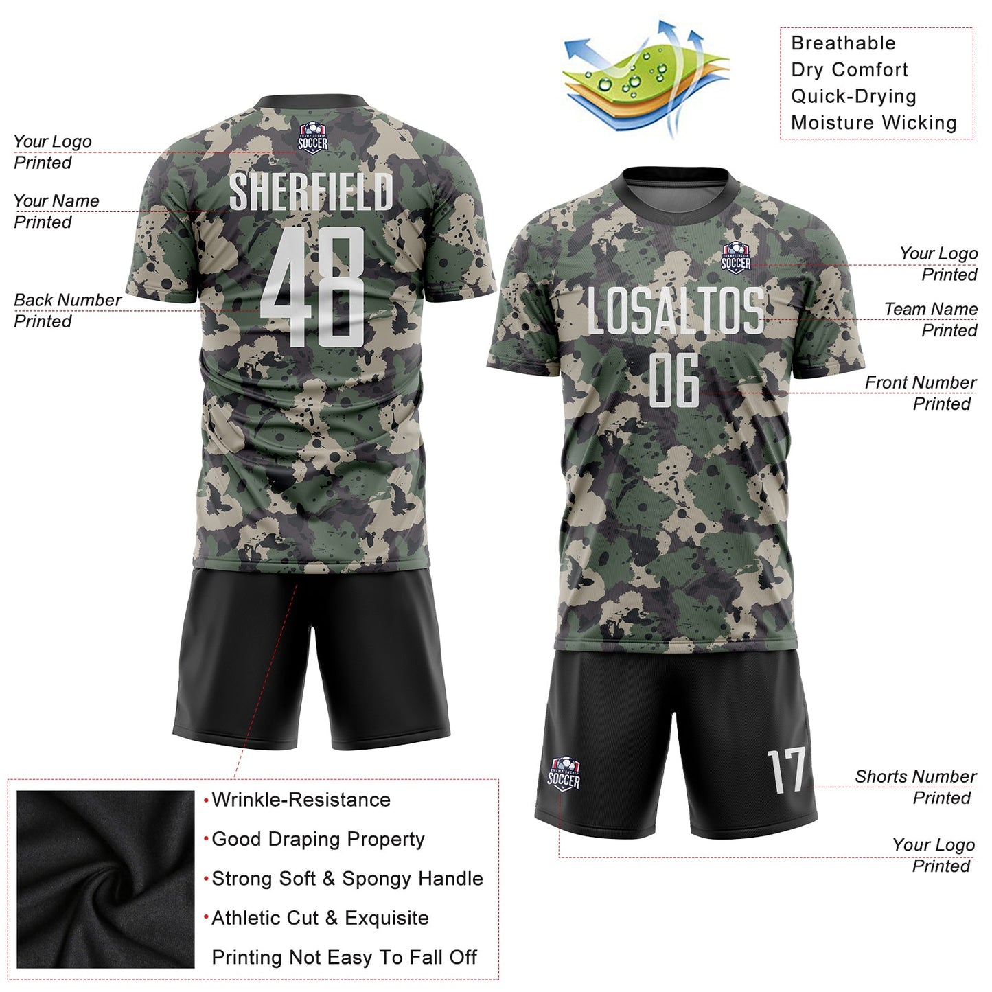 Custom Camo White-Black Sublimation Salute To Service Soccer Uniform Jersey view 3