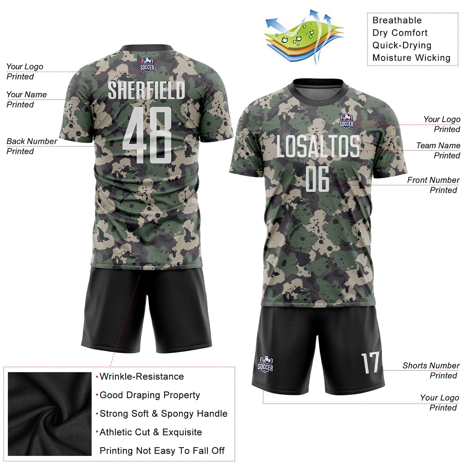 Custom Camo White-Black Sublimation Salute To Service Soccer Uniform Jersey view 3