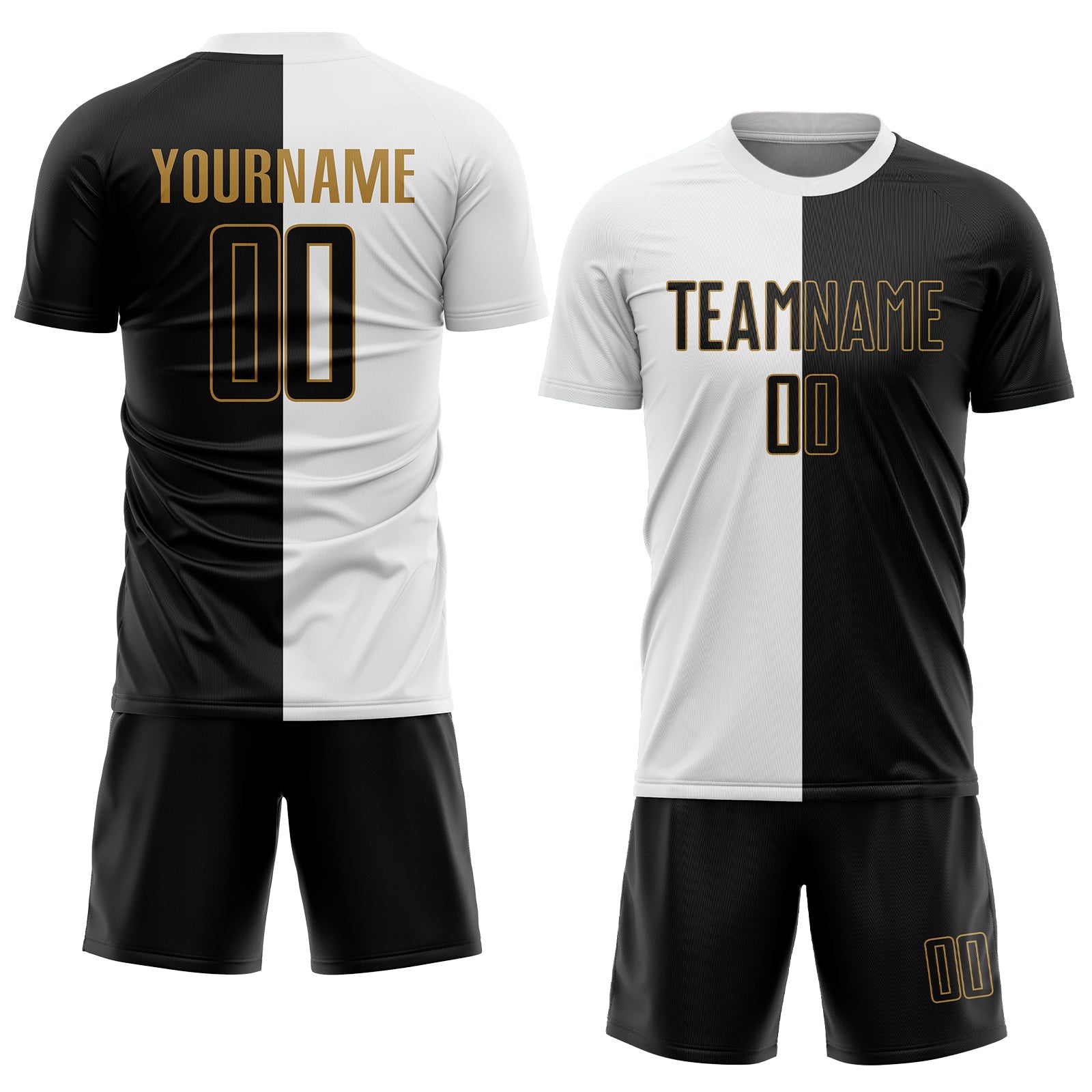 Custom White Black-Old Gold Sublimation Split Fashion Soccer Uniform Jersey view 2