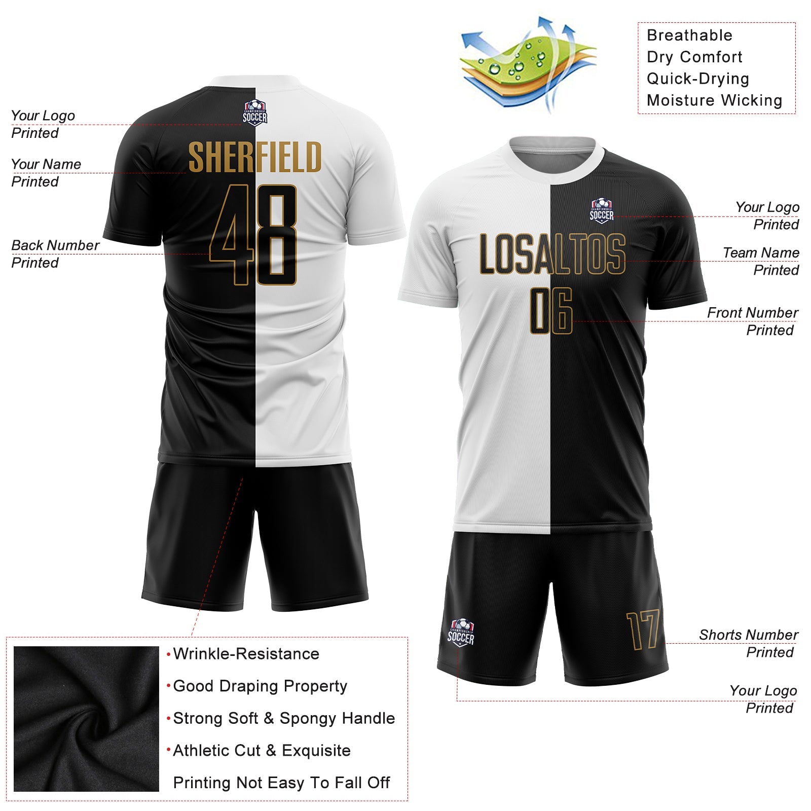 Custom White Black-Old Gold Sublimation Split Fashion Soccer Uniform Jersey view 3