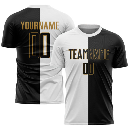Custom White Black-Old Gold Sublimation Split Fashion Soccer Uniform Jersey - Main View