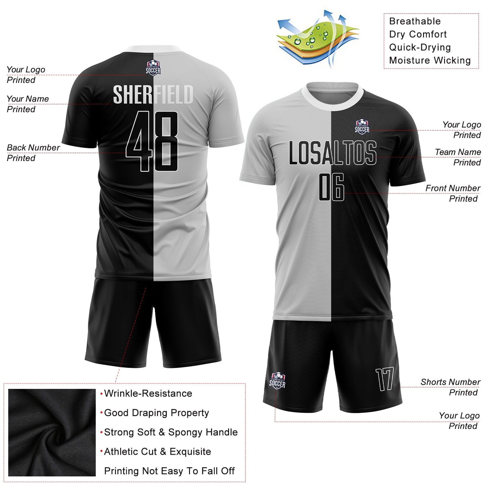 Custom Gray Black-White Sublimation Split Fashion Soccer Uniform Jersey view 3