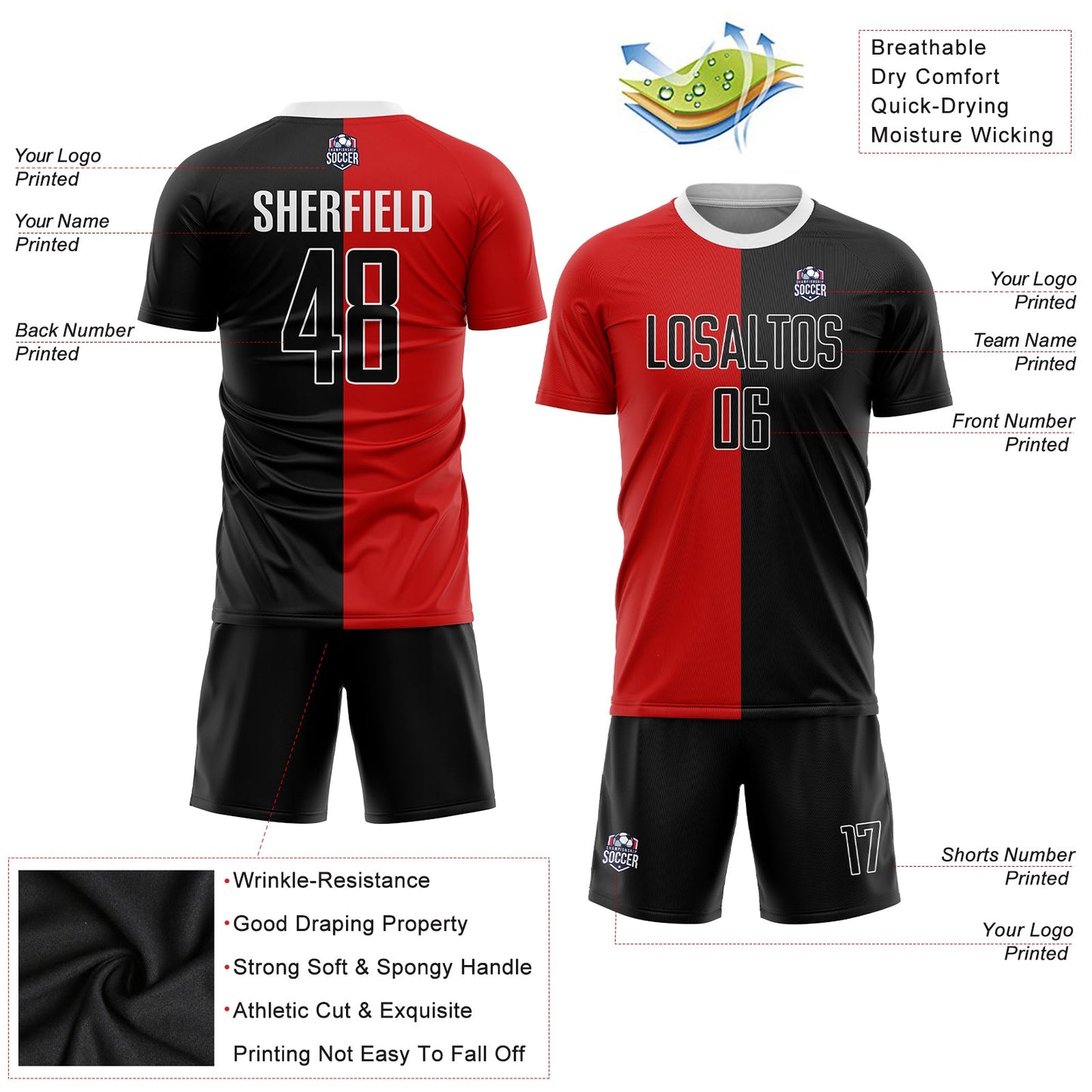 Custom Red Black-White Sublimation Split Fashion Soccer Uniform Jersey view 3