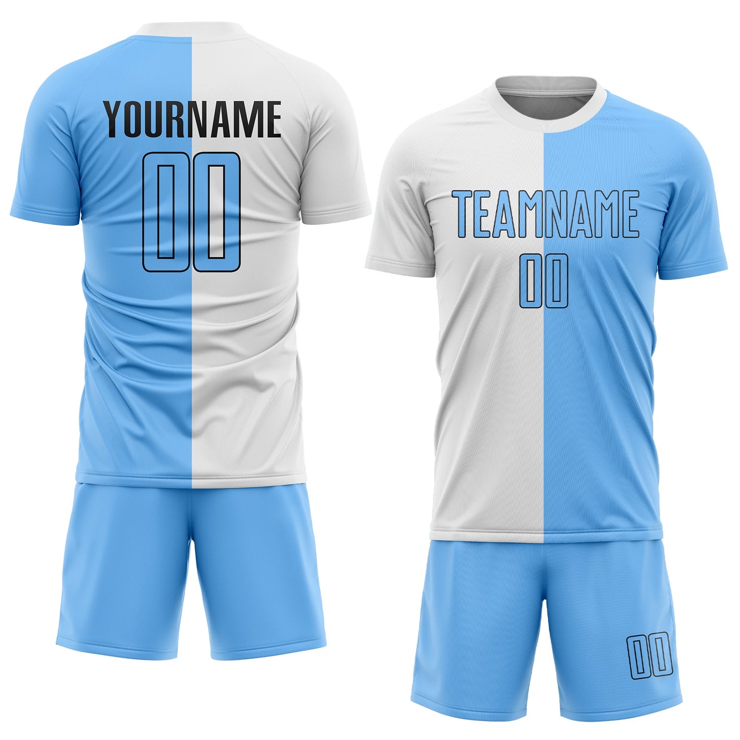 Custom White Light Blue-Black Sublimation Split Fashion Soccer Uniform Jersey view 2