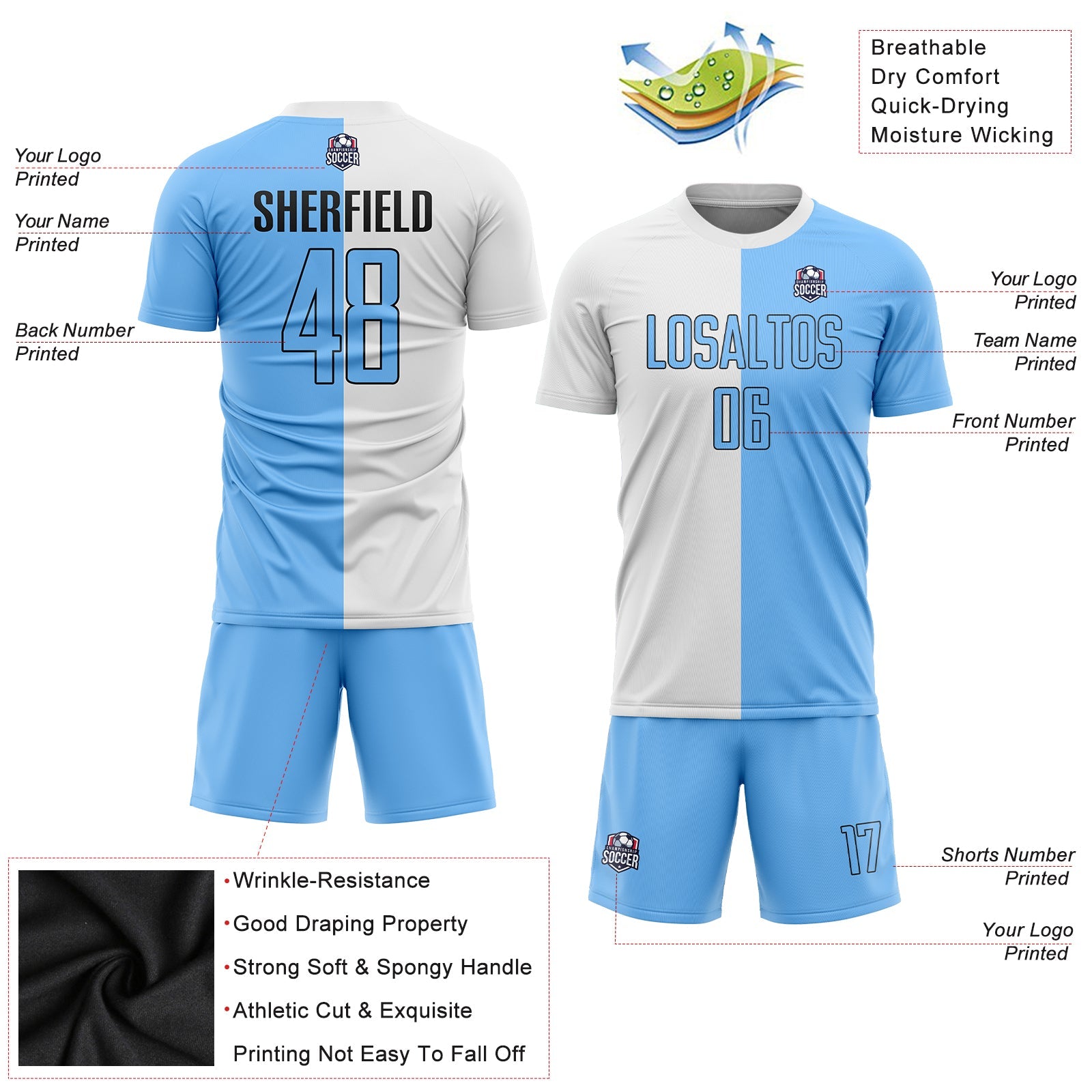 Custom White Light Blue-Black Sublimation Split Fashion Soccer Uniform Jersey view 3